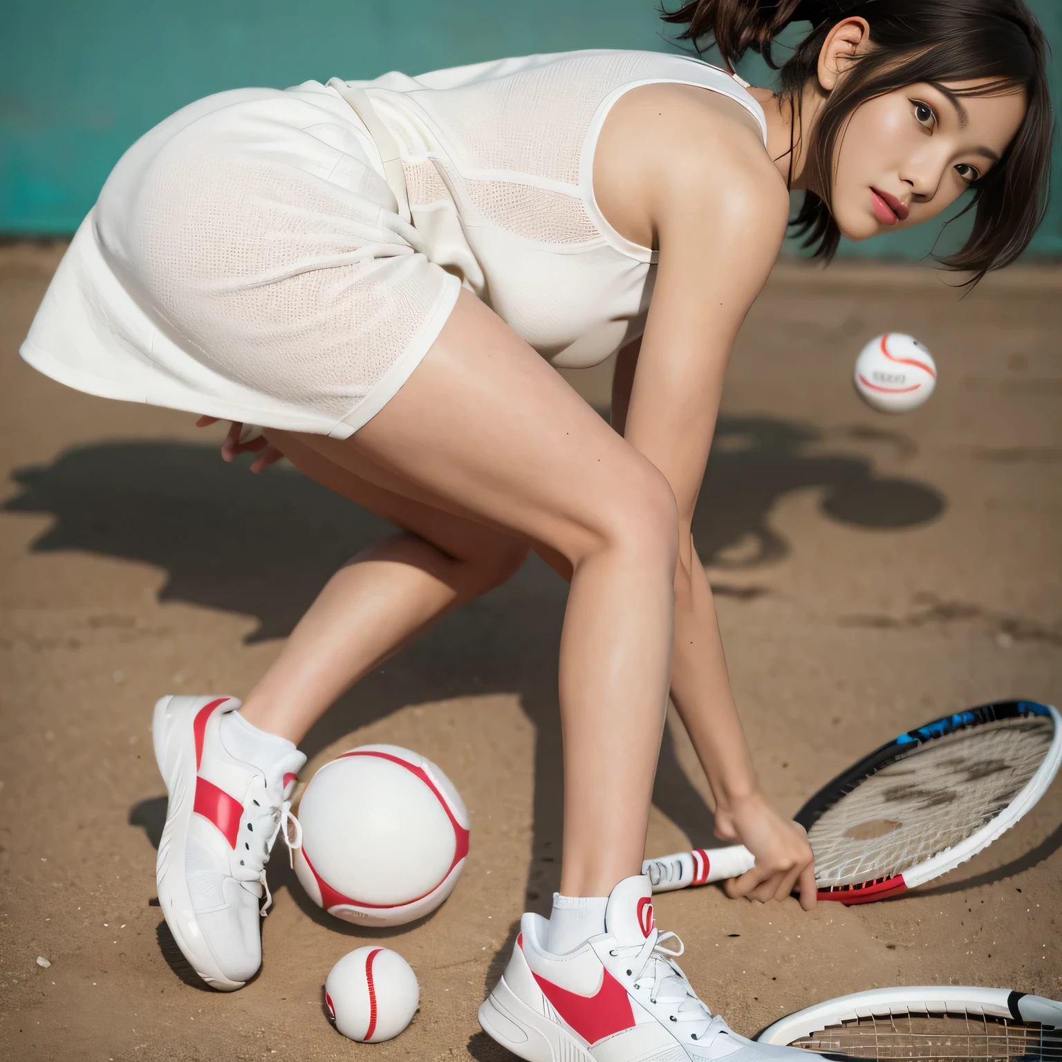 {to be born},{8K},{High resolution、photograph},{{Woman wearing white tennis wear with racket and ball:smile:double eyes}}, ,{pick up the tennisball,female tennis player}：look at the camera,