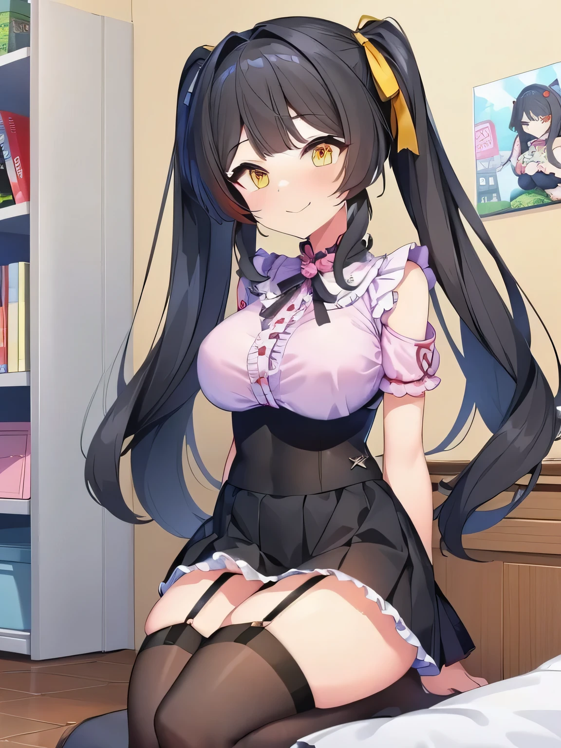 ((the best画質、the best、1 girl、Draw in detail))、
((black hair、Roll Twin Tail、curly hair、ribbon、long hair、straight hair))、((yellow eyes、Active appearance、big breasts))、((blush、Very embarrassed、smile))、

((jirai kei、black skirt、pink shirt:1.3、frills、ピンク色ribbon、、pleated skirt、mini skirt、black mask:1.4、black tights、garter belt))、((indoor、room))
