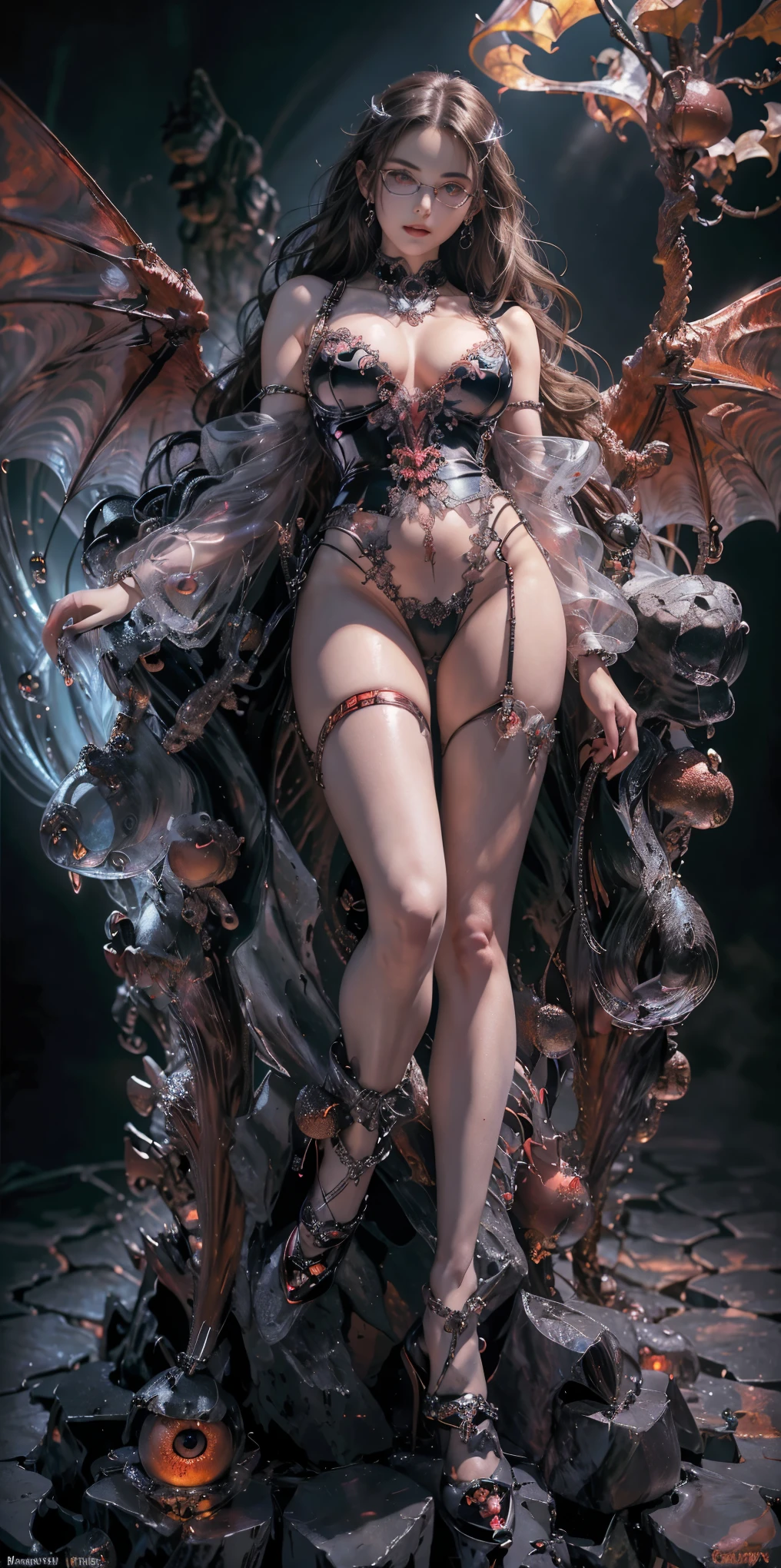 (The best illustrations)、realisitic、ultra-detailliert、The best lighting、Best Shadows、alluring succubus, ethereal beauty, perched on a cloud, (fantasy illustration:1.3), enchanting gaze, captivating pose, delicate wings, otherworldly charm, mystical sky, (Luis Royo:1.2), (Yoshitaka Amano:1.1), Dungeon and Dragon、caves、Dungeon、 A Necromancer、natta、Dark style、Succubus、Devil's Daughter、Bat Wings，(((Demon Hornlack-rimmed round glasses))))、(red eyes glowing:1.6)、​beautiful countenance、Tindall Effect、(High Detail Skins:1.2) absurderes、Ponytail distortion、jewely、Beautiful expression、Toned waist、Wide buttocks、Tindall Effectmasuter piece、top-quality、Highest Standards、Top image quality、masutepiece、intricate detailes、High resolution、Depth Field、natural soft light、profetional lighting、Great smile、(High Detail Skin: 1.2)、photorealistic anime girl render、Strong highlights of the eyes、Perfect Anatomy、crotch open、Shy、Spreading your legs、Panties are visible、Skirt flipping、Body shiny with oilerectile nipple))、8K resolution、intricate clothing、Intricate details, Sexy girl on white bed，Charming eyes，Heartwarming action，Open legs，Transparent silk pajamas ，barechested，Thick long hair，Highly detailed body，Highly detailed face