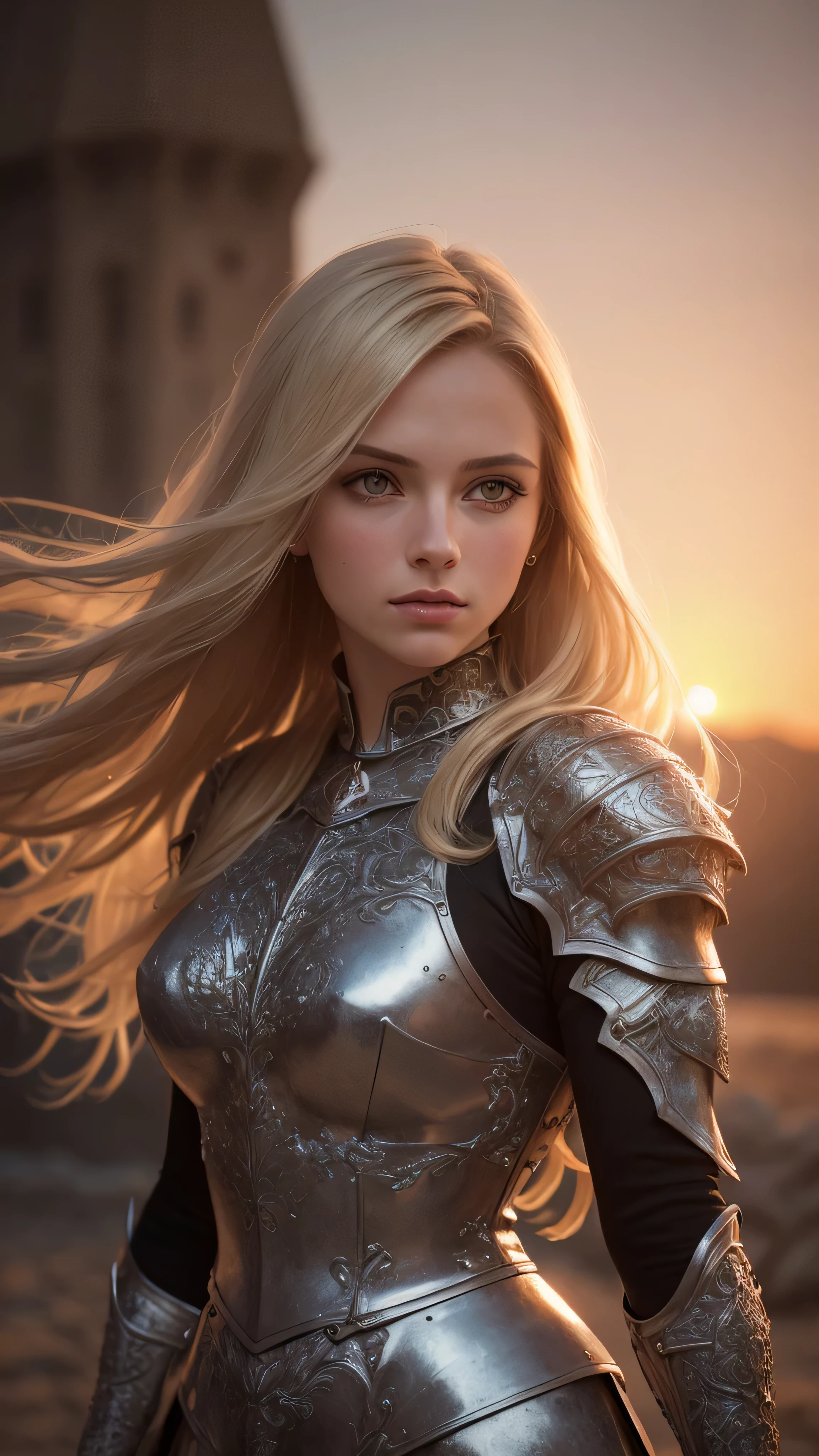 (masterpiece), (extremely intricate:1.3), (realistic), portrait of a girl, (medieval armor), metal reflections, upper body, outdoors, intense sunlight, far away castle, professional photograph of a stunning woman detailed, (long straight blonde hair, dynamic pose), sharp focus, dramatic, award winning, cinematic lighting, volumetrics dtx, (film grain, blurry background, blurry foreground, bokeh, depth of field, sunset, interaction, Perfectchainmail