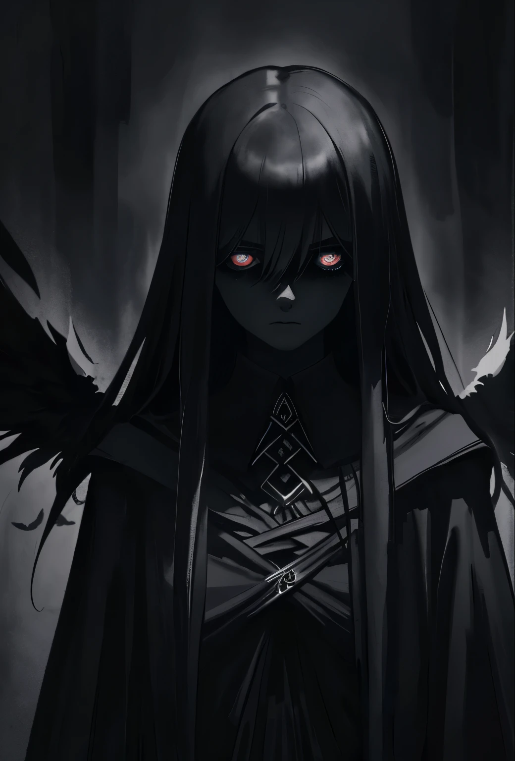 An angel of death(dark angel) with terrifying black wings, serene and somber expression, wearing a flowing black robe, holding a scythe, standing in a misty graveyard. The art style should be realistic and detailed, capturing the fine texture of the feathers and the delicate features on the face. The color tone should be dark and somber, with a slight desaturation, emphasizing the ominous atmosphere. The lighting should be low-key, casting dramatic shadows and highlighting the contrast between light and dark. The image should be of the best quality, with ultra-detailed elements, realistic rendering, and vivid colors, creating a masterpiece that brings out the eerie beauty of the subject. [detailed feathers], [dark aura], [ominous atmosphere], [misty graveyard], [low-key lighting], [dramatic shadows], [fine textures], [delicate facial features], [best quality, masterpiece:1.2], [ultra-detailed], [realistic:1.37], [dark and somber color tone], [desaturated], [vivid colors], [eerie beauty].