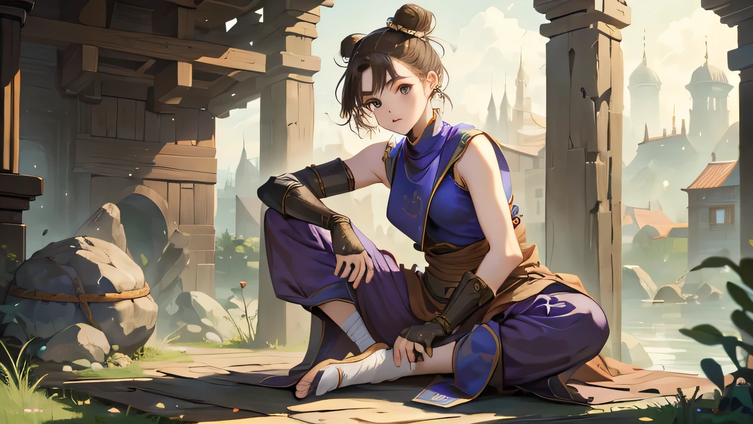 8k, best quality, bueatiful face, masterpiece, solo, 1girl, monk, medieval, fantasy, sleeveless shirt, short hair, brunette, 2 hair buns, long baggy pants, sitting, stretching, padded gloves, full body view, athletic, looking at viewer.