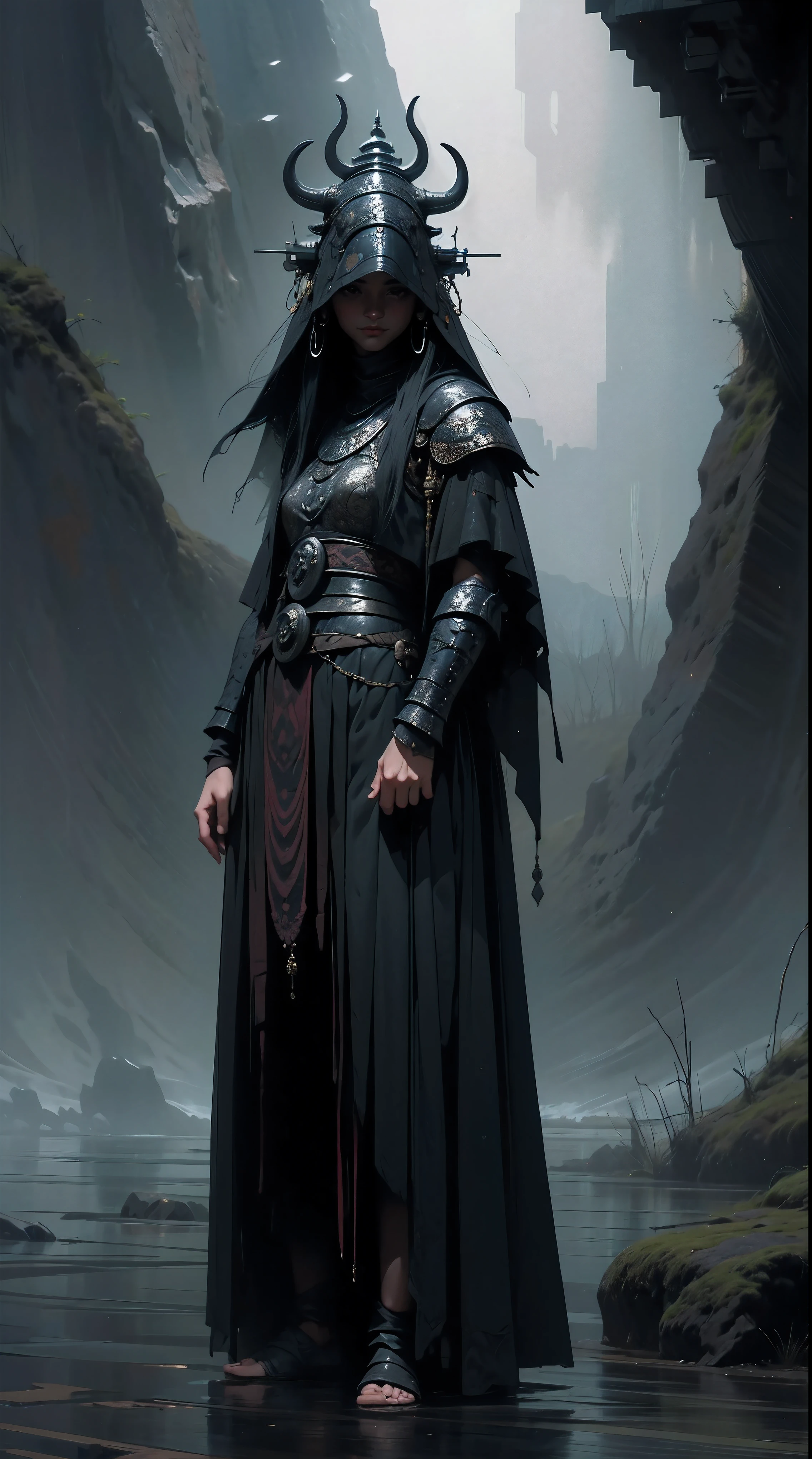 beautiful warrior girl with dragon, Best quality, masterpiece, super high resolution, (realism: 1.4) Dark colors, gloomy, grim, foggy