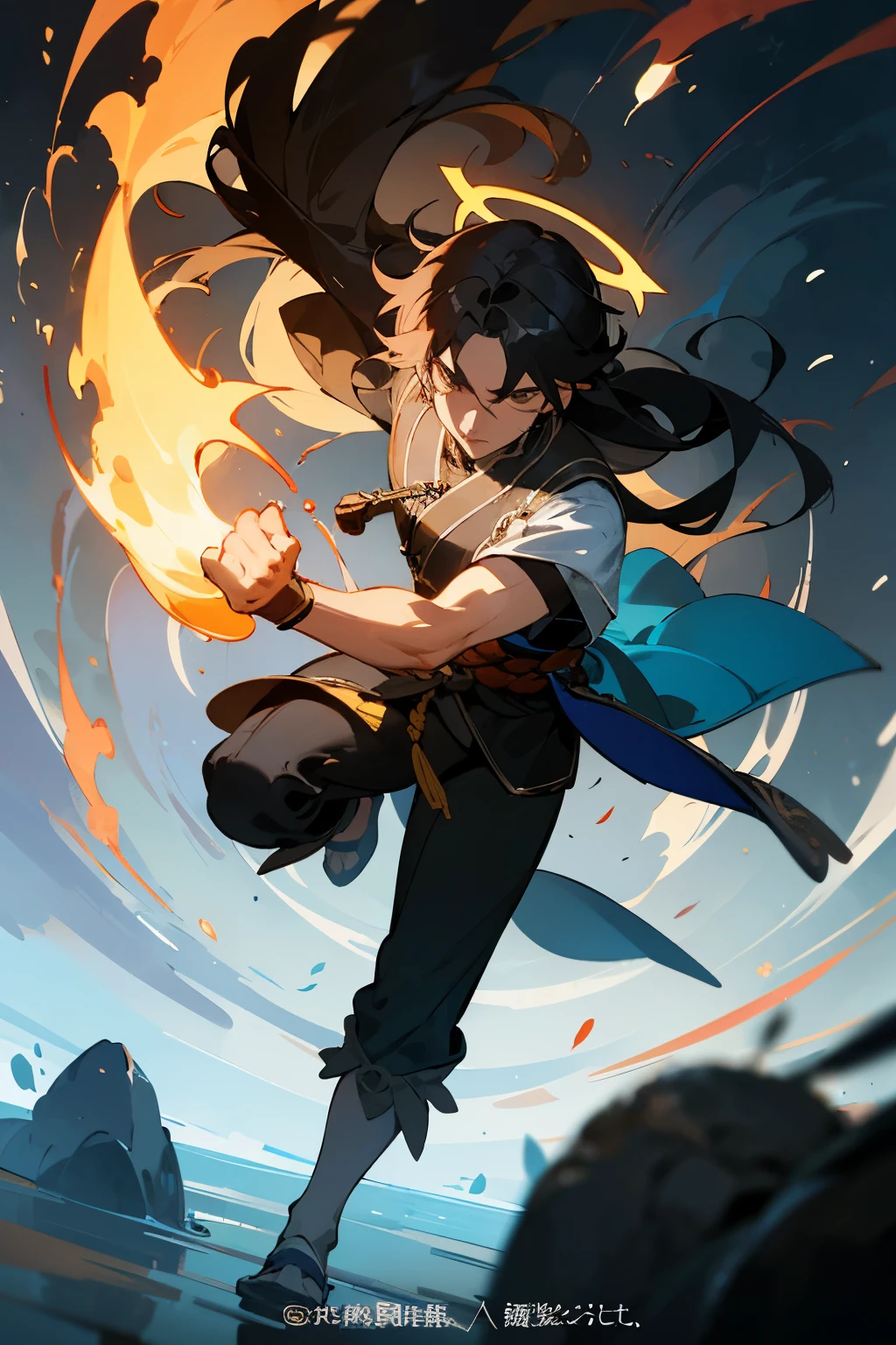 ((Best Quality)), ((Masterpiece)), (Rich in Detail), A Boy, Handsome, Cold Face, Long Black Hair, Messy Hair, (The Legend of Sword and Fairy), Miao Dao, Full Body Surrounded by Fire, Sword Dance, Around Halo, Cinematic Lens, Dynamic Movement, (Vivid, Vivid, Vibrant), Movie, Amazing Epic, Ancient Chinese Theme, Magic Circle, Xiu Xian, Yuhuozhishu, Fire, Soft Focus, Chiaroscuro, Game CG Style.