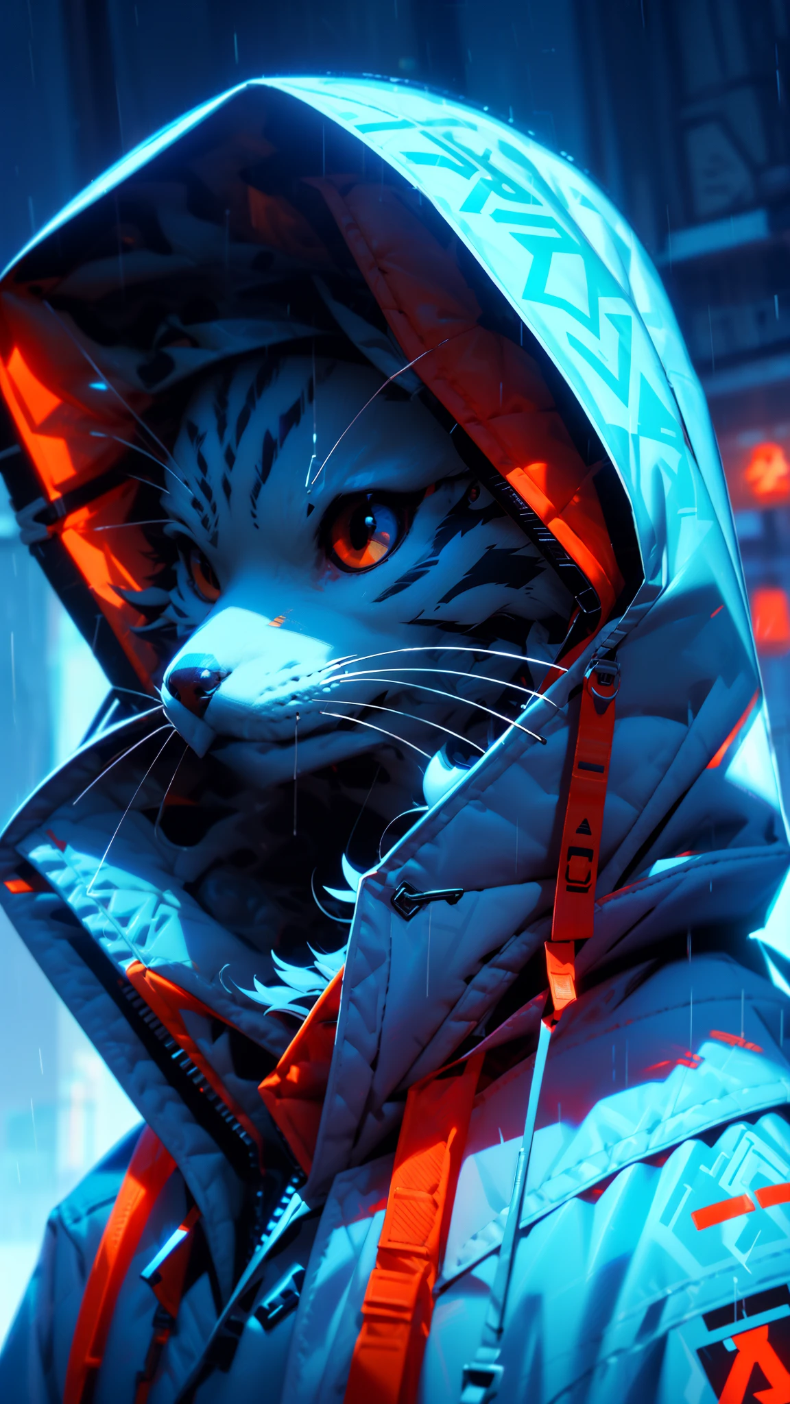 masutepiece, Best Quality, Solo, Rain, hoods, Furry, Hood Up, Jacket, Upper body, hooded jacket, Closed mouth, whiskers, raincoat, Siberian Husky Dog, Furry, Sagged ears, brue eyes, Portrait,masutepiece, Best Quality,Black trench coat，Orange pattern，White mask，Cyberpunk Personality