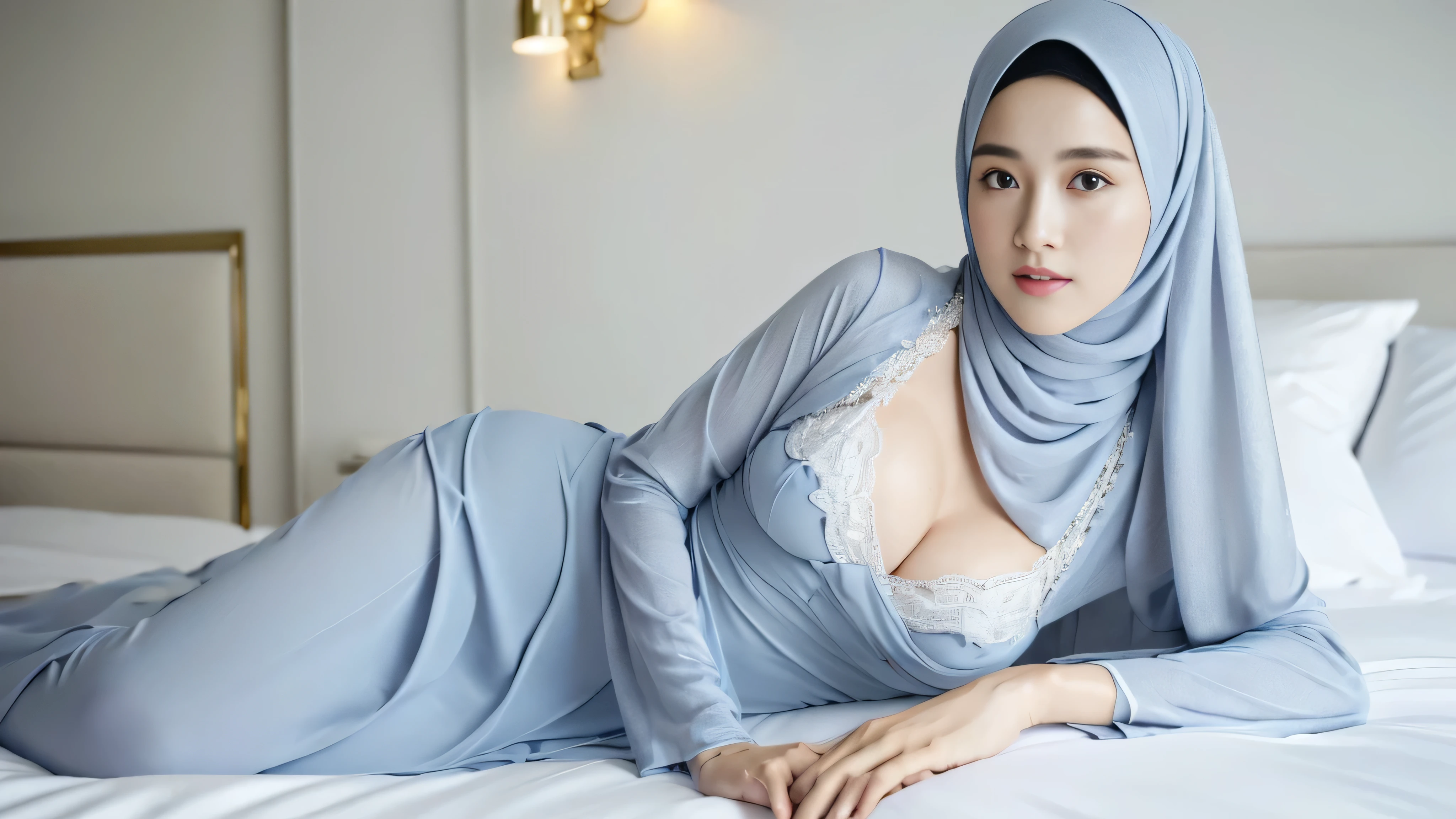 Marian Rivera, 30 years old , 1 girl, solo, lying on bed, ((ideal breast:1.3)), perfect skin, White skin, HDR,(Best quality, 4k, Masterpiece :1.3), (insanely detailed, bloom:1.5), (highest quality, Alessandro Casagrande, Greg Rutkowski, Sally Mann, concept art, 4k), (analog:1.2), (high sharpness), (detailed pupils:1.1), detailed face and eyes, Masterpiece, best quality, (highly detailed photo:1.1), photographed by Canon EOS R6,  ((best quality)) ((masterpiece)), intricate detail, sharp focus, professional, realistic, real life, hyperreal, photorealistic, fine detail, best quality, very Detailed CG unity 8k wallpaper, perfect artwork, Full body, glowing eyes, shiny skin, realistic, perfect female hourglass figure, thin waist, wide buttocks, looking at viewer, extremely delicate and beautiful, best quality, beautiful detail girl, beautiful eye detail, face lighting, film lighting, perspective, revealing buttocks, perfect collarbone, golden ratio face, realistic facial expression, delicate and beautiful eyes, a face with perfect proportions, high-detailed skin,((wearing silver long closed AoDai with closed hijab)), ((closed breast)), ((closed clothes), ((polite clothes)), brown hair, luxury hotel bedroom.