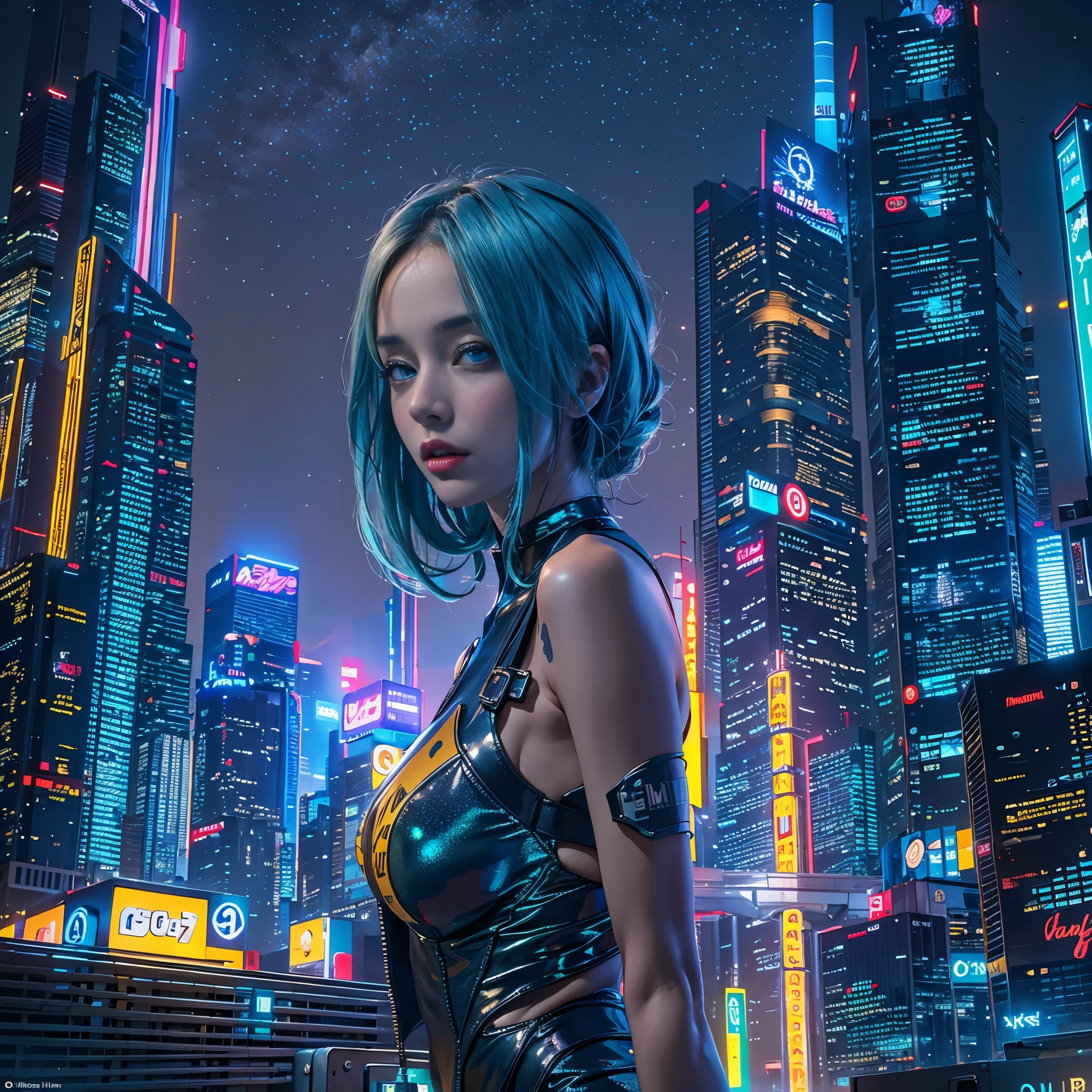 (8K, Best quality, Masterpiece: 1, 2), (Realistic, photograph realistic: 1,37), Top quality, Masterpiece, Skinny 1 girl Negona upper body photo (Photo realistic),A cyberpunk girl with green eyes and shiny blue hair stands against a backdrop of a futuristic cityscape. She wears a sleek, metallic blue bodysuit that shimmers under the neon lights. The city behind her is a blend of towering skyscrapers and neon signs, pulsating with vibrant colors