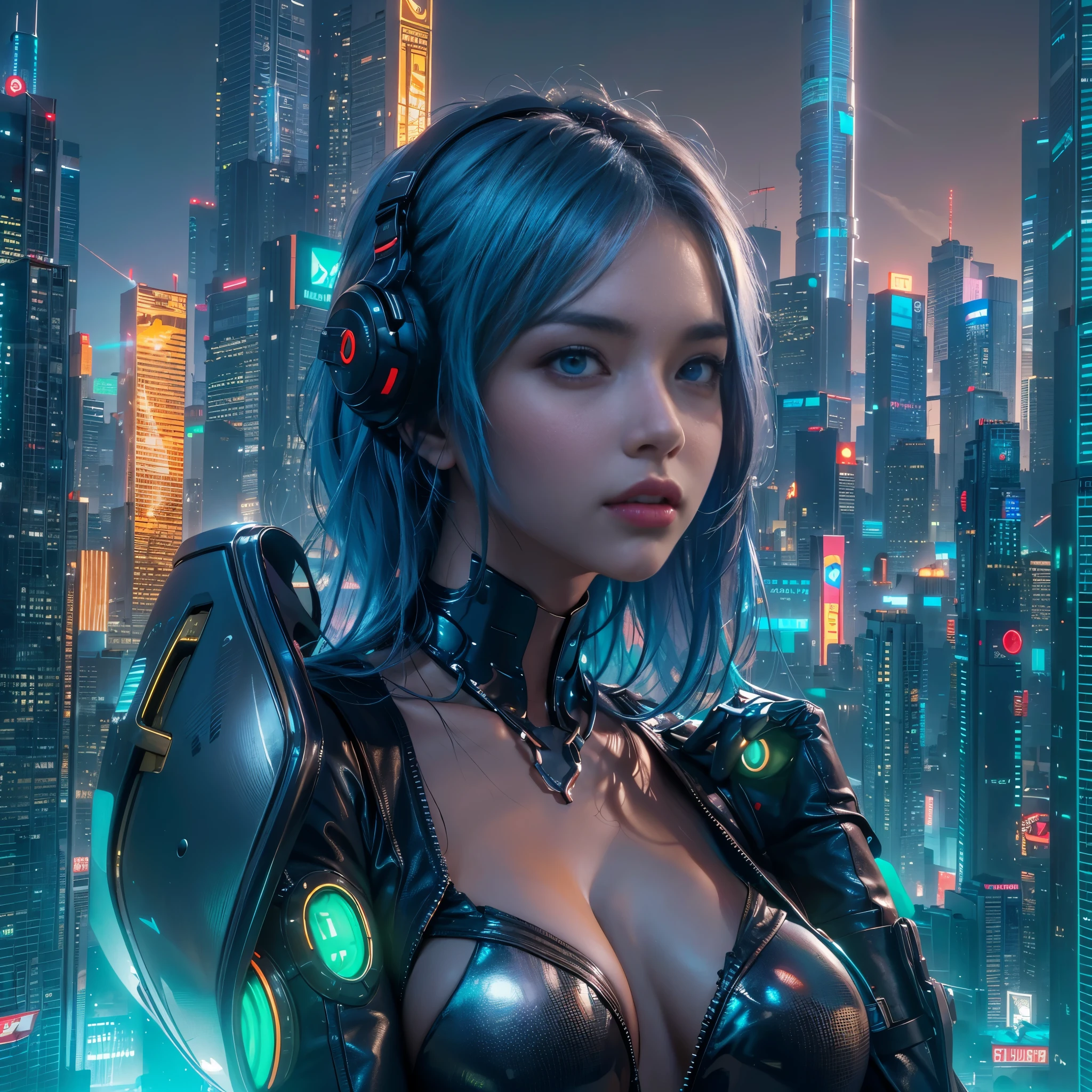 (8K, Best quality, Masterpiece: 1, 2), (Realistic, photograph realistic: 1,37), Top quality, Masterpiece, Skinny 1 girl Negona upper body photo (Photo realistic),A cyberpunk girl with green eyes and shiny blue hair stands against a backdrop of a futuristic cityscape. She wears a sleek, metallic blue bodysuit that shimmers under the neon lights. The city behind her is a blend of towering skyscrapers and neon signs, pulsating with vibrant colors