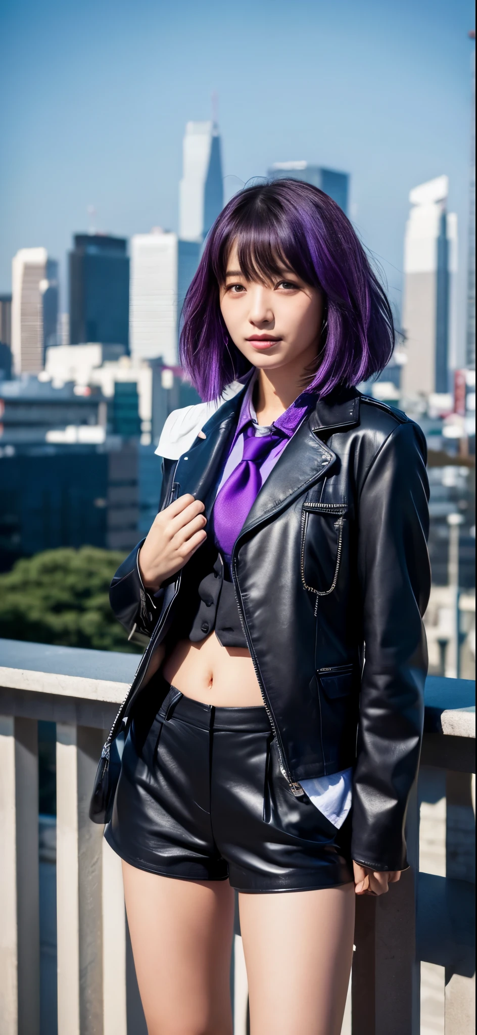 (1girl:1.3),realitis, solo,__body-parts__, official art, 8k unit wallpaper, ultra detailed, close-up on face, beautiful and aesthetic, gorgeous, masterpiece, best quality, fantastic atmosphere, calming palette, quiet mood, soft shading, priestess Miko, charm spell, family talisman, priestess duties, dark aesthetic, suit and tie with black leather shorts with many chains around the body and a black leather jacket, Tokyo city in the background, (messy short purple hair),