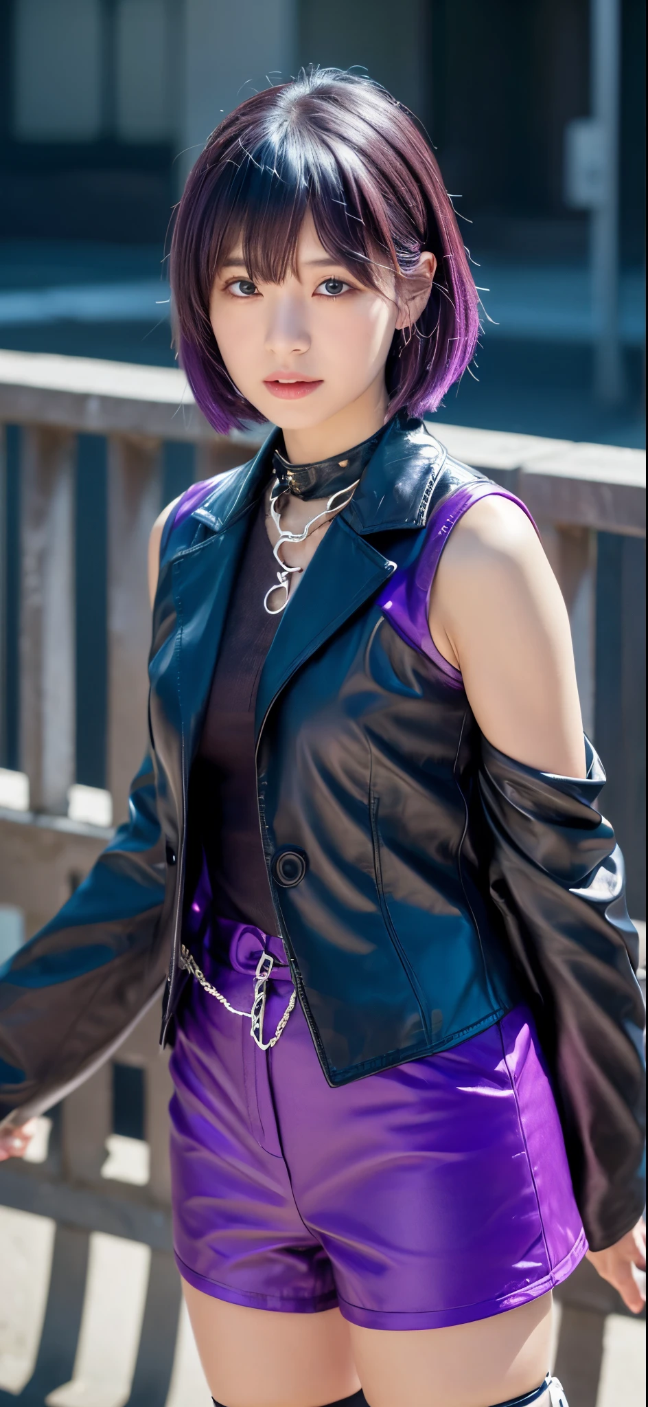 (1girl:1.3),realitis, solo,__body-parts__, official art, 8k unit wallpaper, ultra detailed, close-up on face, beautiful and aesthetic, gorgeous, masterpiece, best quality, fantastic atmosphere, calming palette, quiet mood, soft shading, priestess Miko, charm spell, family talisman, priestess duties, dark aesthetic, suit and tie with black leather shorts with many chains around the body and a black leather jacket, Tokyo city in the background, (messy short purple hair),