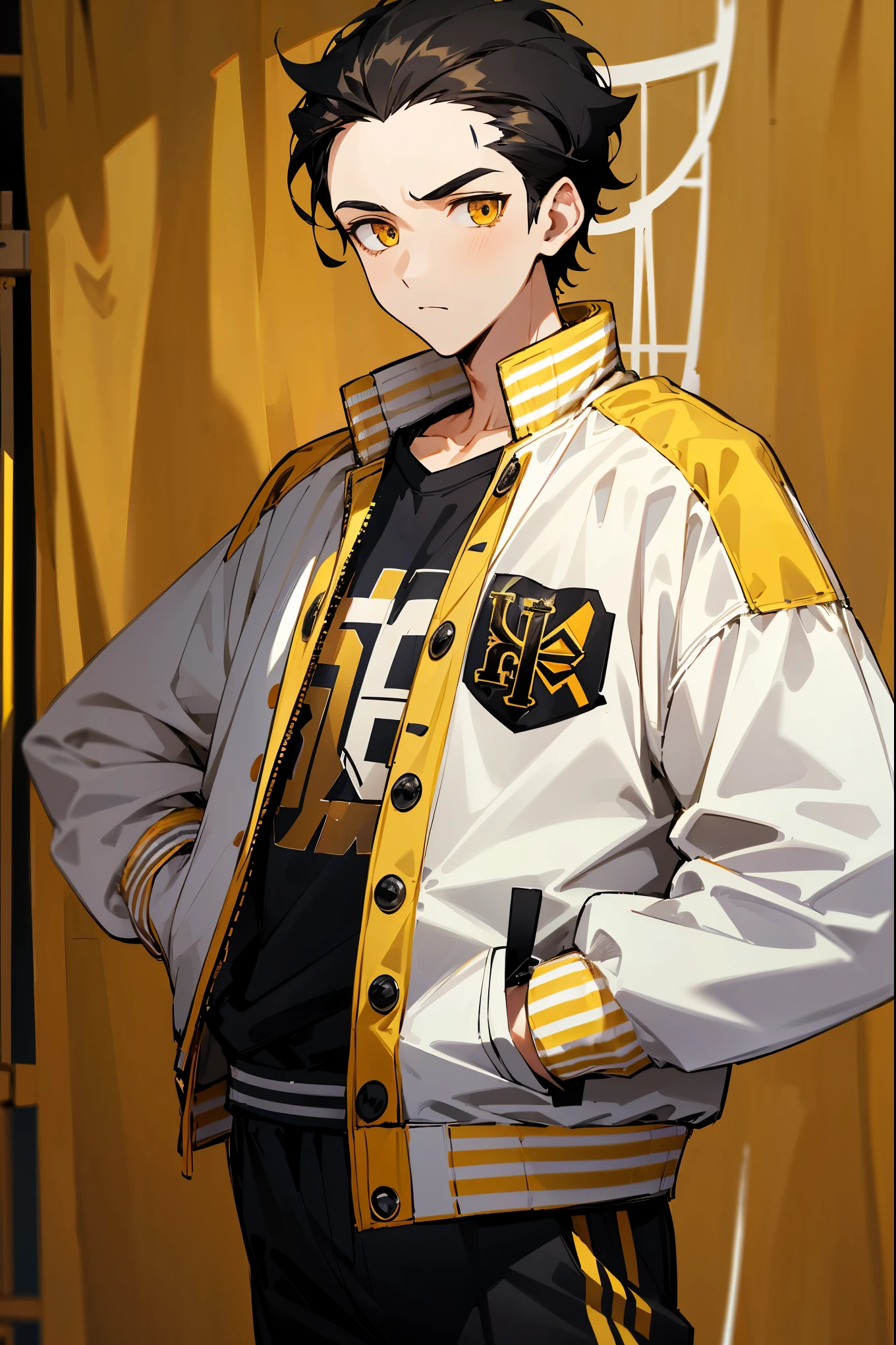 1male, black hair, middle parted hair, curtain, forehead, golden eyes, white undershirt, basketball court background, detailed background, expressionless, black and yellow clothing, hands in pockets, (((letterman jacket)))