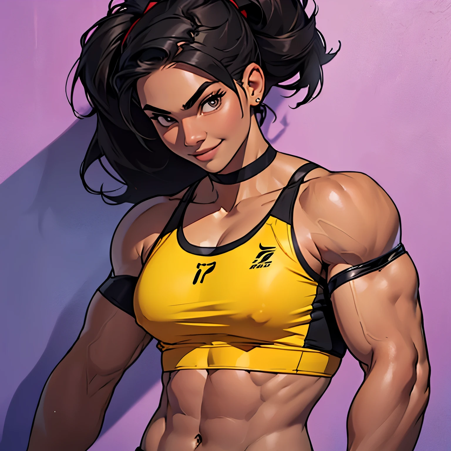 (((kid LUISA))), (20 years old appearance), (solo focus:1.4), (Alone:1.4), perfect hands, smooth face, ((wide shoulders)), smooth long hair, perfect skin, (wearing black sports bra, shorts, gloves:1.3), ((skinny toned muscly:1.4)), choker, (32k Wallpaper), HD, Ultra Quality Hair, Ultra Quality Face, Ultra Quality Image, Cinematic lights, detailed eyes, medium shots, gym background, upper body, bedroom background, confident expressions, looking at viewer, close smile, happy, cute