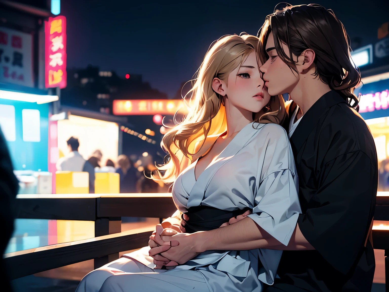 (((best quality))),masterpiece,ultra high resolution,(ultra high definition),(movie quality:1.3),(movie lighting),(low light environment:1.4),Female couple kissing woman wearing yukata in night market in Taiwan, (SFW) Work, kissing together cutely, (((Girl Love Art))), OPPEIN, Side milk, Slightly saggy big breasts, small breasts, (((Very long wavy blonde hair))), (((Straight brown hair with side bangs))), (girl love kiss), The mouth is very detailed, (girl love hug), touch her hand, touch her clothes, touch her breasts, (((Hands touching her breasts))), sit on lap, Long hair fluttering in the wind, SFW version