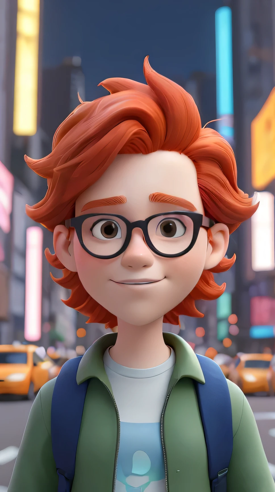Redhead teenager with glasses in New York, corpo inteiro e jaqueta de basquete.
