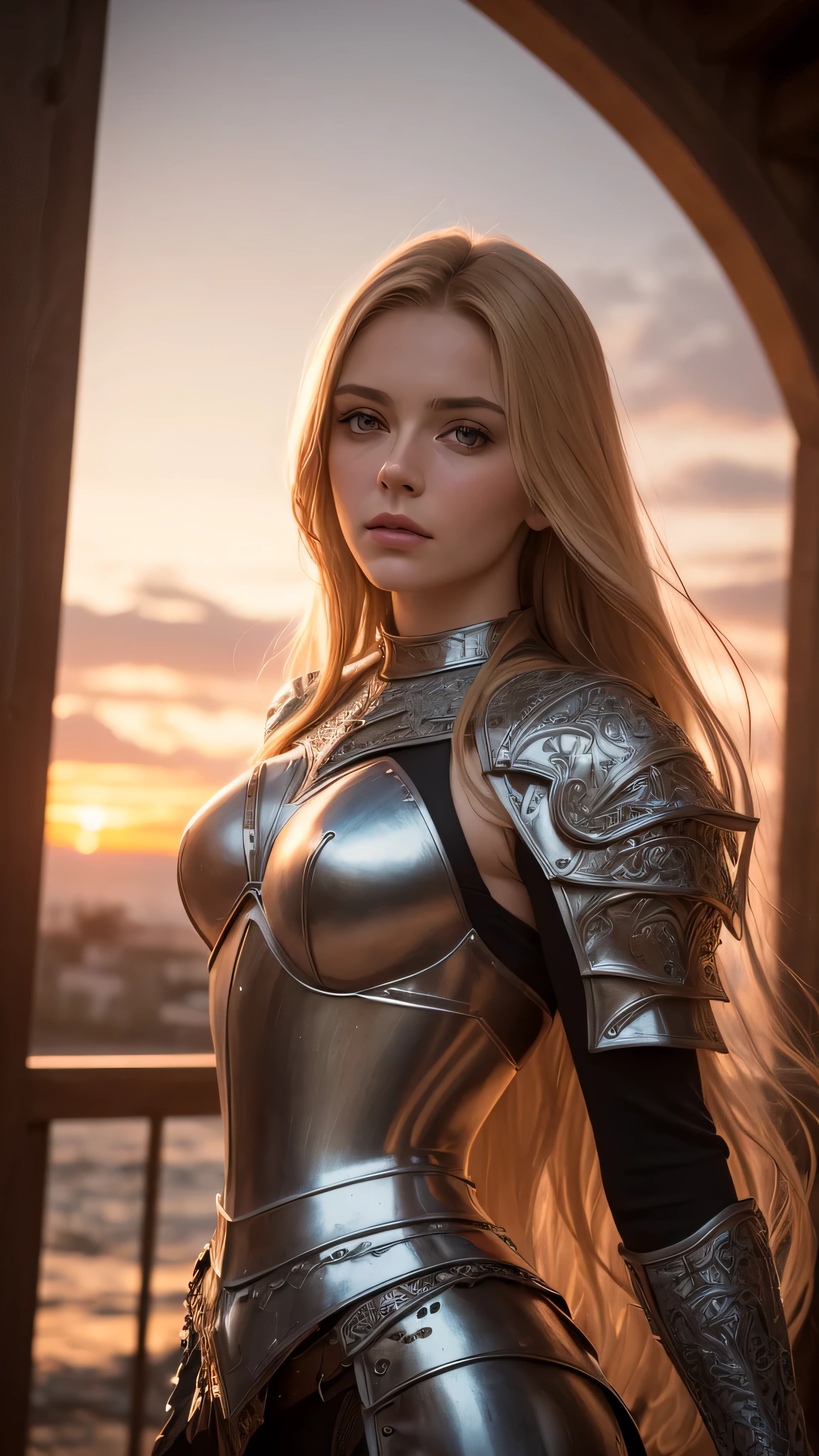 (masterpiece), (extremely intricate:1.3), (realistic), portrait of a girl, (medieval armor), metal reflections, upper body, outdoors, intense sunlight, far away castle, professional photograph of a stunning woman detailed, (long straight blonde hair, dynamic pose), sharp focus, dramatic, award winning, cinematic lighting, volumetrics dtx, (film grain, blurry background, blurry foreground, bokeh, depth of field, sunset, interaction, Perfectchainmail, perfectsword)