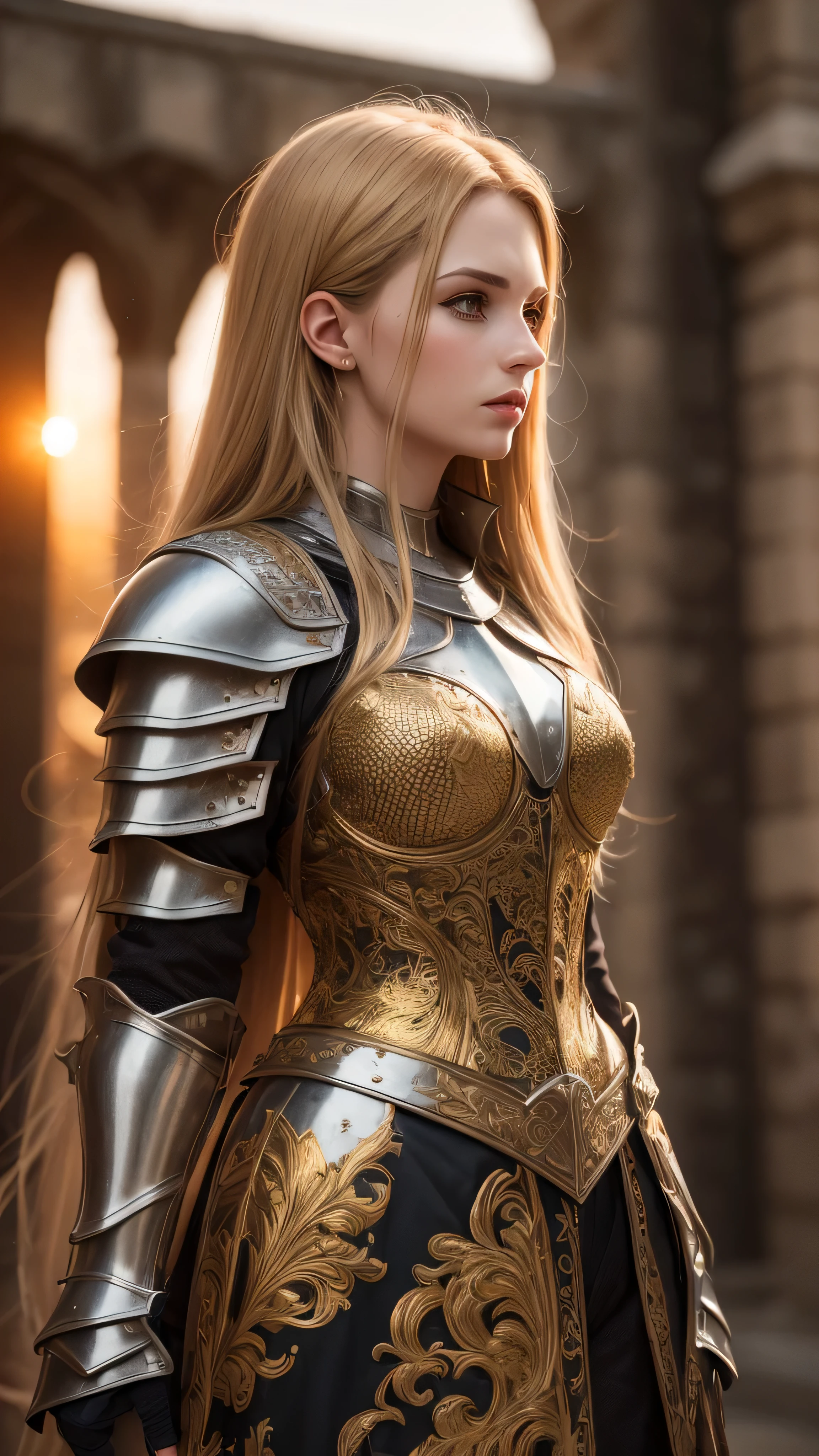 (masterpiece), (extremely intricate:1.3), (realistic), portrait of a girl, (medieval armor), metal reflections, upper body, outdoors, intense sunlight, far away castle, professional photograph of a stunning woman detailed, (long straight blonde hair, dynamic pose), sharp focus, dramatic, award winning, cinematic lighting, volumetrics dtx, (film grain, blurry background, blurry foreground, bokeh, depth of field, sunset, interaction, golden Perfectchainmail, perfectsword)