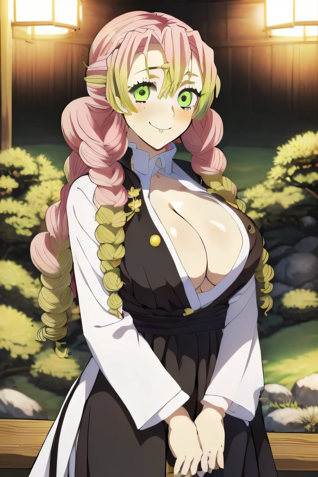 Masterpiece, Seductive face, Large breasts, white kimono cover up, hem black dress, smile, Good lighting, (Pink hair with green tips), Curly pigtail hair, green eyes, Big eyes, (Moles below eyes), 1girl, (Mitsuri Kanroji), Best quality