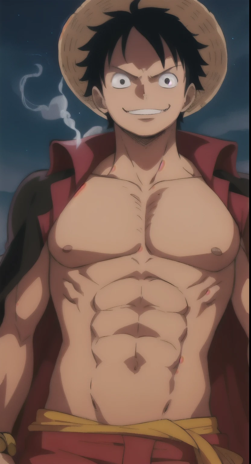1boy, wanostyle, monkey d luffy, smiling, straw hat, looking at viewer, solo, upper body, ((masterpiece)), (best quality), (extremely detailed), depth of field, sketch, dark intense shadows, sharp focus, soft lighting, hdr, colorful, good composition, smoke all around, spectacular, closed shirt, anime screencap, scar under eye, ready to fight, black eyes, outdoors, night, sexy pose, confident smile, muscular build, toned physique, exposed arms, chiseled features, captivating eyes, inviting look, tempting aura, seductive charm, magnetic presence, irresistible allure, enticing energy, provocative stance, sensual vibe, alluring appearance, masculine energy, hypnotic appeal, cool demeanor, suave style, teasing expression, suggestive gaze, seductive look, mesmerizing allure, striking features, confident posture, appealing presence, captivating aura, sultry eyes, smoldering look, flirtatious smile, inviting aura.