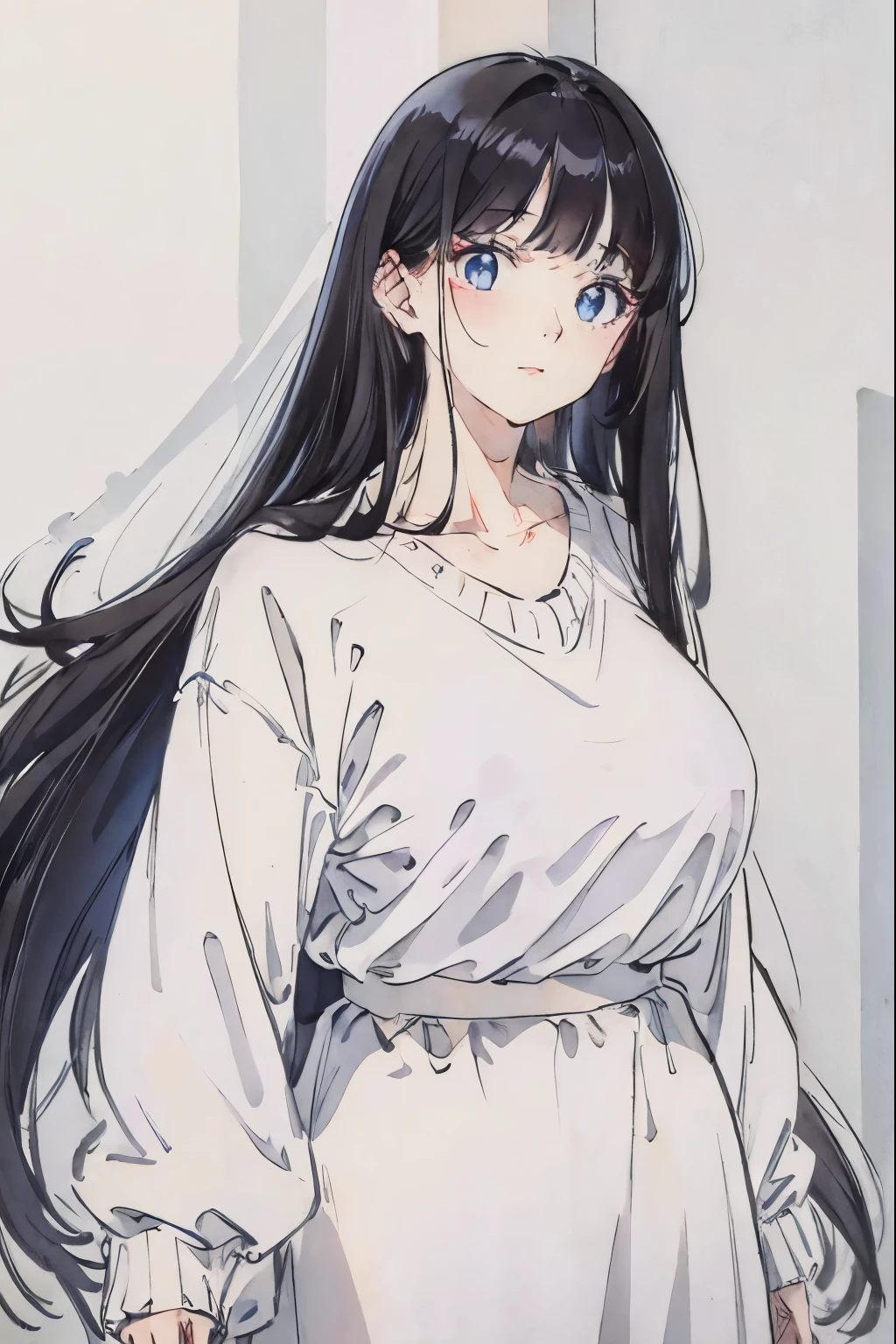 long black hair、big blue eyes、 with white shirt, light blue sweater and red ribbon