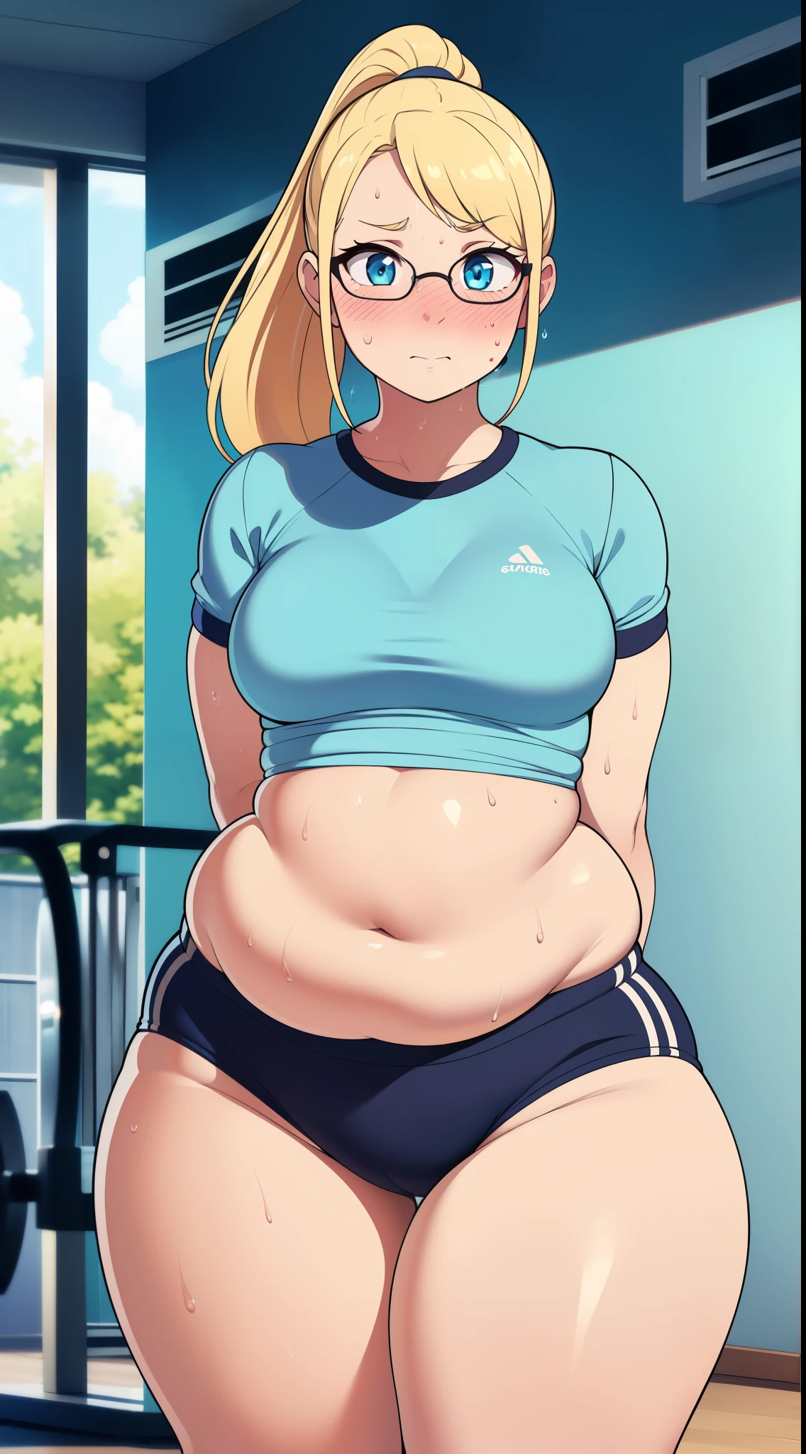 Masterpiece, high quality, best quality, beautiful, perfect lighting, detailed face, ultra cute face, ((1girl)), ((solo), long blonde hair, ponytail, blue eyes, glasses, ((blush)), embarrassed, looking at viewer, arms crossed, daytime, too small sport shirt, sport shorts, ((thick thighs)), (chubby), medium breasts, perky breasts, 24 year old female, overweight. at the gym, sweaty. fat. chubby belly.