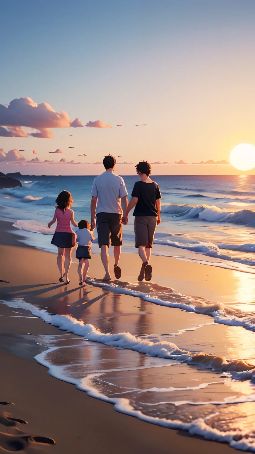 A family of four walks along the sandy beach along the ocean in the evening from the direction of the sunset.、Laughter


"(setting):(best quality),(masterpiece),(detailed),(ultra detailed),(insanely detailed),(ultra-quality),(highly detailed),(FHD)"
