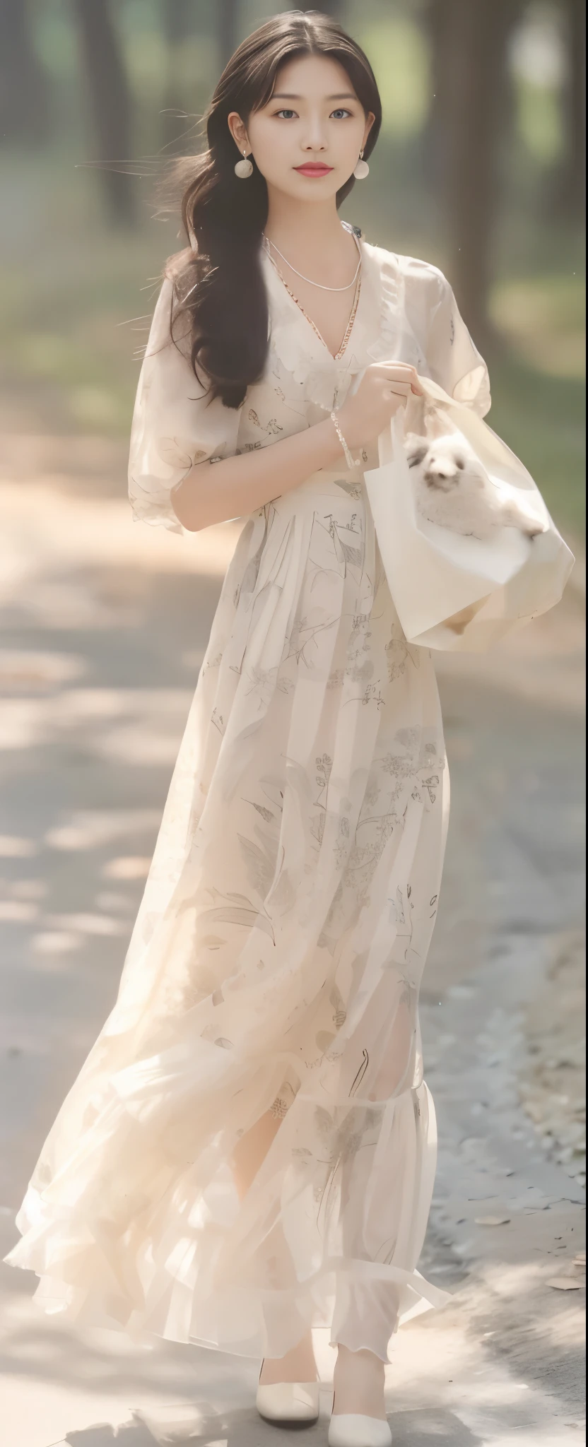 Top Quality, 8K, Masterpiece: 1.3) Poetic shot, hazy light, aestheticism, melancholic film of a woman in a dress standing in the street, frontal shot, holding a fan in her left hand, fluttering hemline, butterfly in the dress, holding a fan in her left hand, ethereal, ethereal, soft, sunset light, summer, light, full body, professional photography, soft light, clear details, high definition, professional photography style. High definition, professional photography style.