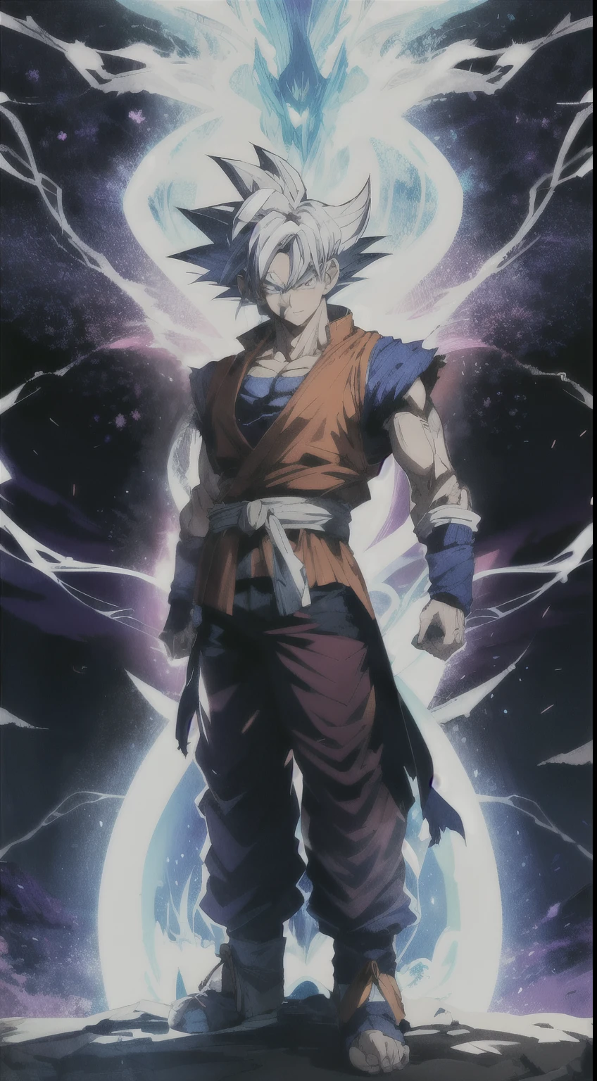 "Enter the anime world with vibrant colors and beautiful views of Goku's white hair, glowing eyes, every element captured in stunning depth of field, his entire body reflecting energy blue-violet ."