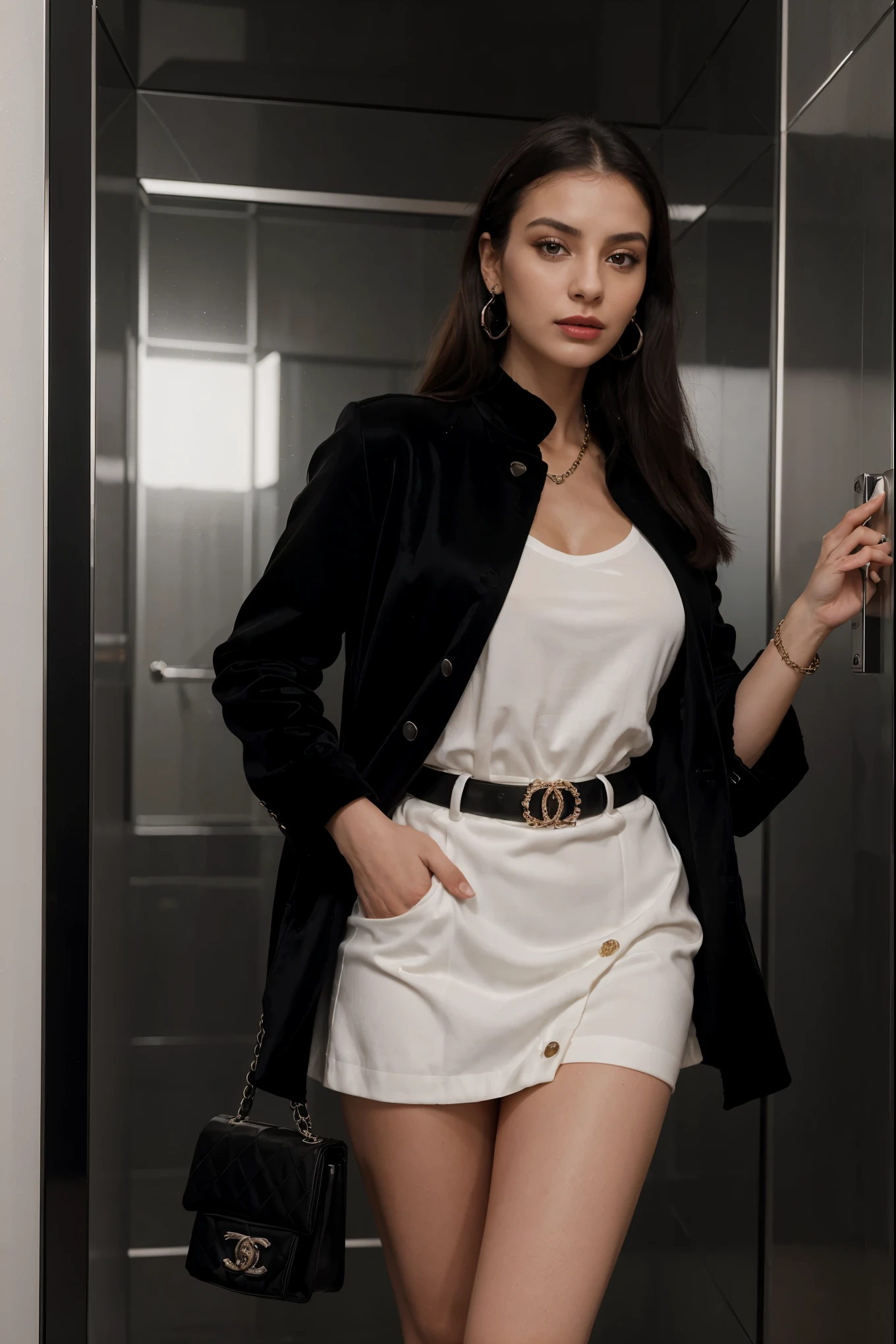 Italian girl 25 years old, beautiful, wonderful, in the luxury elevator in the mirror, alone, 1 girl, real, very high resolution, 8k, black velvet jacket, luxury, fabulous body, closed white shirt, sensual, provocative, black skirt, earrings , red lipstick, mouth slightly open, Chanel handbag, Chanel belt