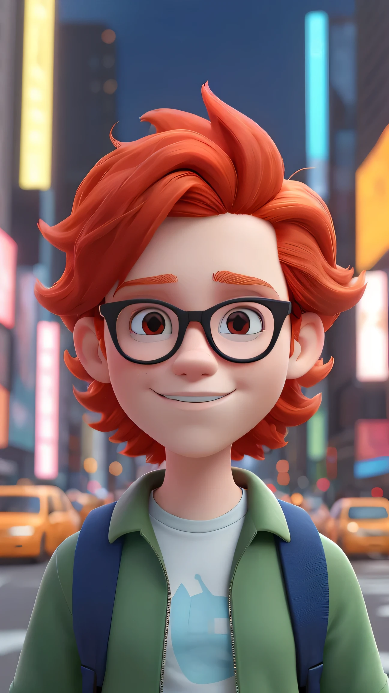 Redhead teenager with glasses in New York, corpo todo, Camisa vermelha.