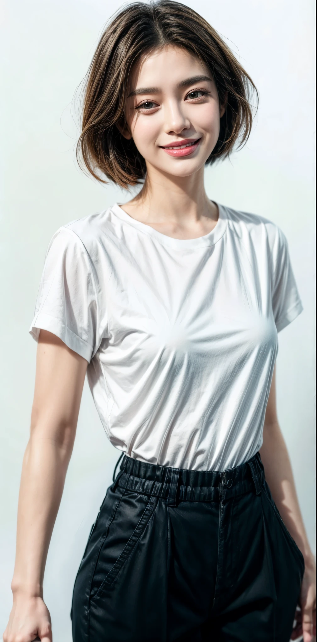 (Original photo: 1.2), (Realistic: 1.4), (Masterpiece: 1.3), (Best quality: 1.4), Dreamy, (detailed eyes), (detailed facial features), (detailed clothing features), Skin tightness, (Shiny skin), (Slim Girl), (Slim Girl), (Slim Girl), 1 Girl, Veronica Code, Solo, Cute, Bangs, Short brown hair, Black eyes, (Medium breasts), ((Shirt)), Dynamic pose, (Kodak Film Color) ((Camera not visible)) ((White Studio) (Studio Light) ,(crop top:1.4)