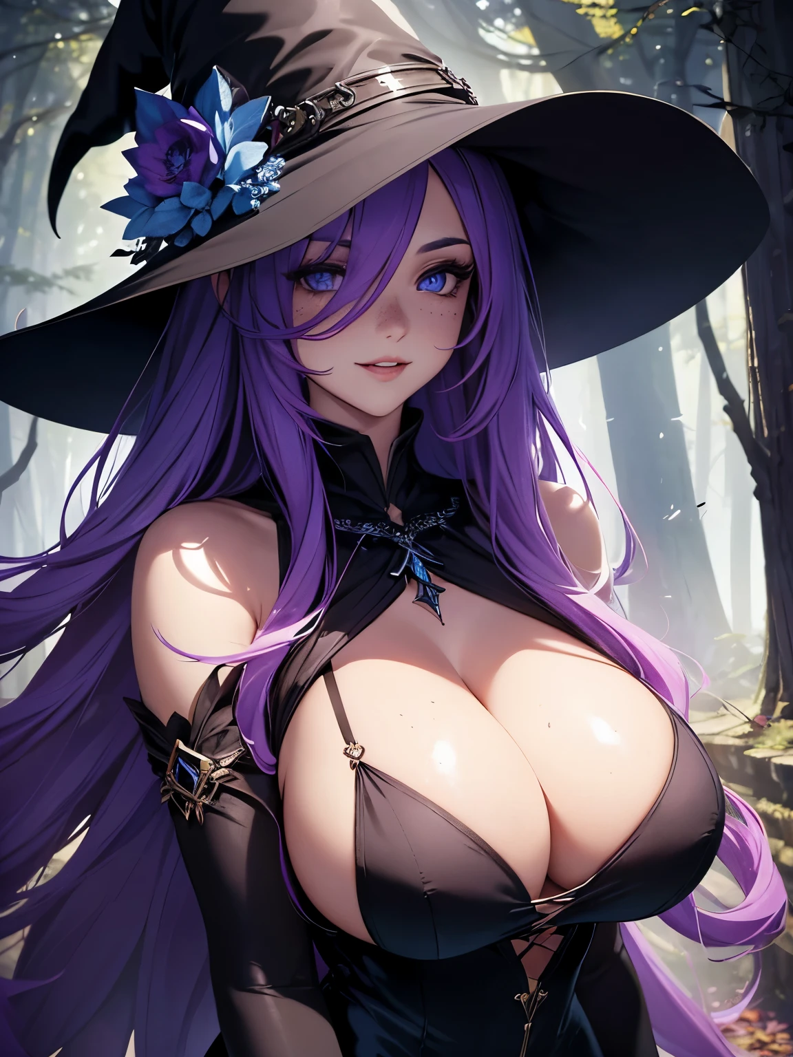 beautiful woman, extremely long hair, purple hair, hair covering one eye, bright blue eyes, glowing eyes, lots of freckles, full lips, (gigantic breasts 1.8), extreme cleavage, deep cleavage, thin body, witch dress, deep neckline dress, low cut sress, black dress, high heels, witch hat, sorceress, extreme blushing, smile, seductive, ultra detailed, dark forest background, masterpiece, 8k