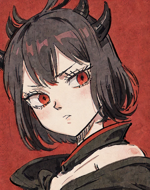 1Girl, Nero Black Clover, seek_in_view, Neutral face, Studio lighting, Highlights, Detailed eyes, Girl, Red eyes, Small black devil horns, Black clover pattern, Masterpiece