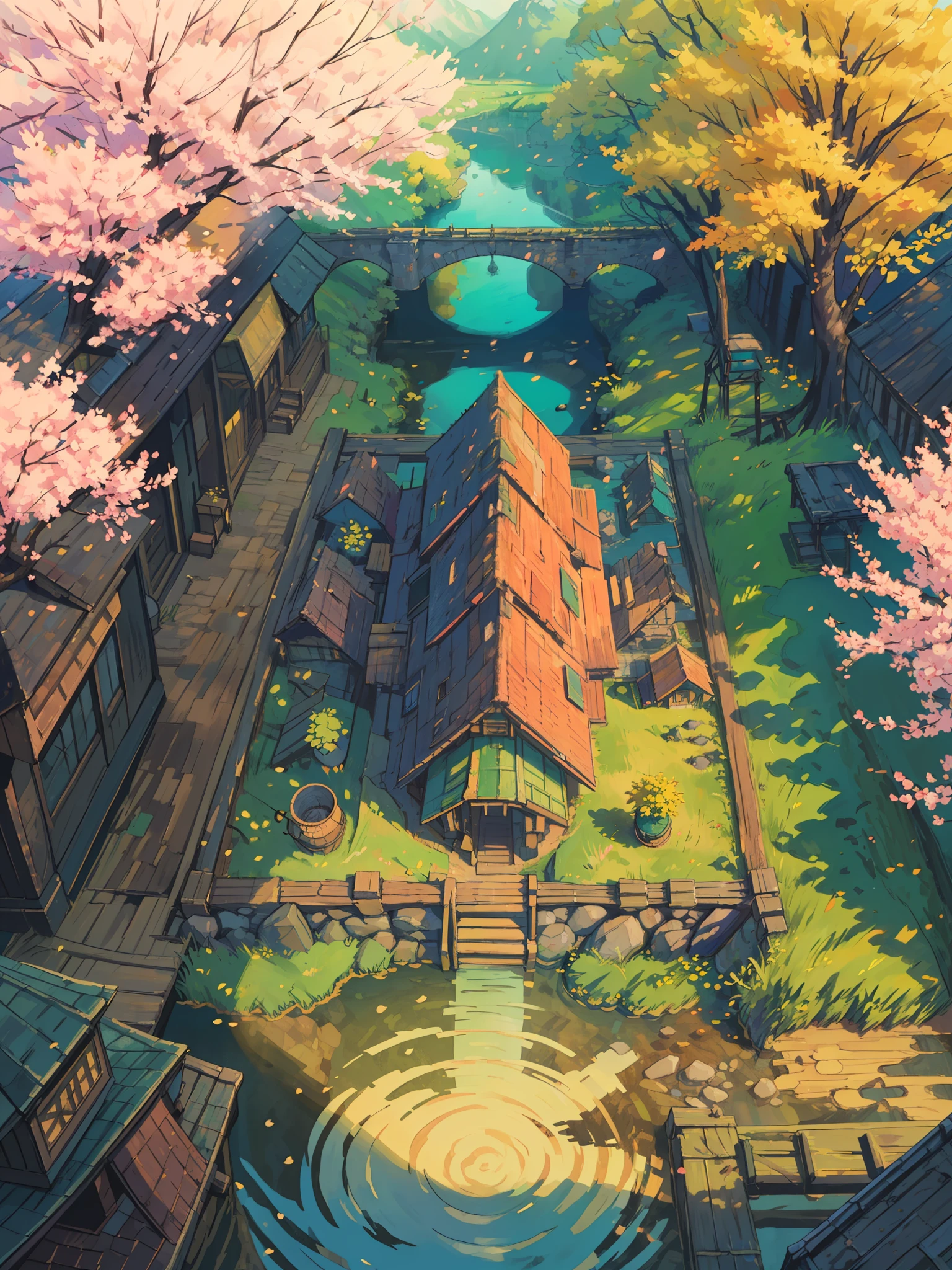 (masterpiece:1), (aerial view:1.8),(beautiful wooden bridge:1.5), (nature:1.3), (daytime:1.6), (yellow trees:1.65), silence, (spring season:1.5), (stairs:1.5), (plant pots:1.7), (bright light:1.5), magnificent sky, (bright vibrant colors:1.6), (volumetric light:1.2), peaceful, (muddy path:1.4), (aesthetically pleasing:1.5),(bright light:1.3), (calmness:1.3), (ambient light:1.5), (scenery:1.4), (beautiful aesthetics:1.2), (landscape:1.5), (stones:1.4) beautiful tones, subtle colors, peaceful, (illustration: 1.0), epic composition, realistic lighting, (no human:1.6), HD details, masterpiece, best quality, ,