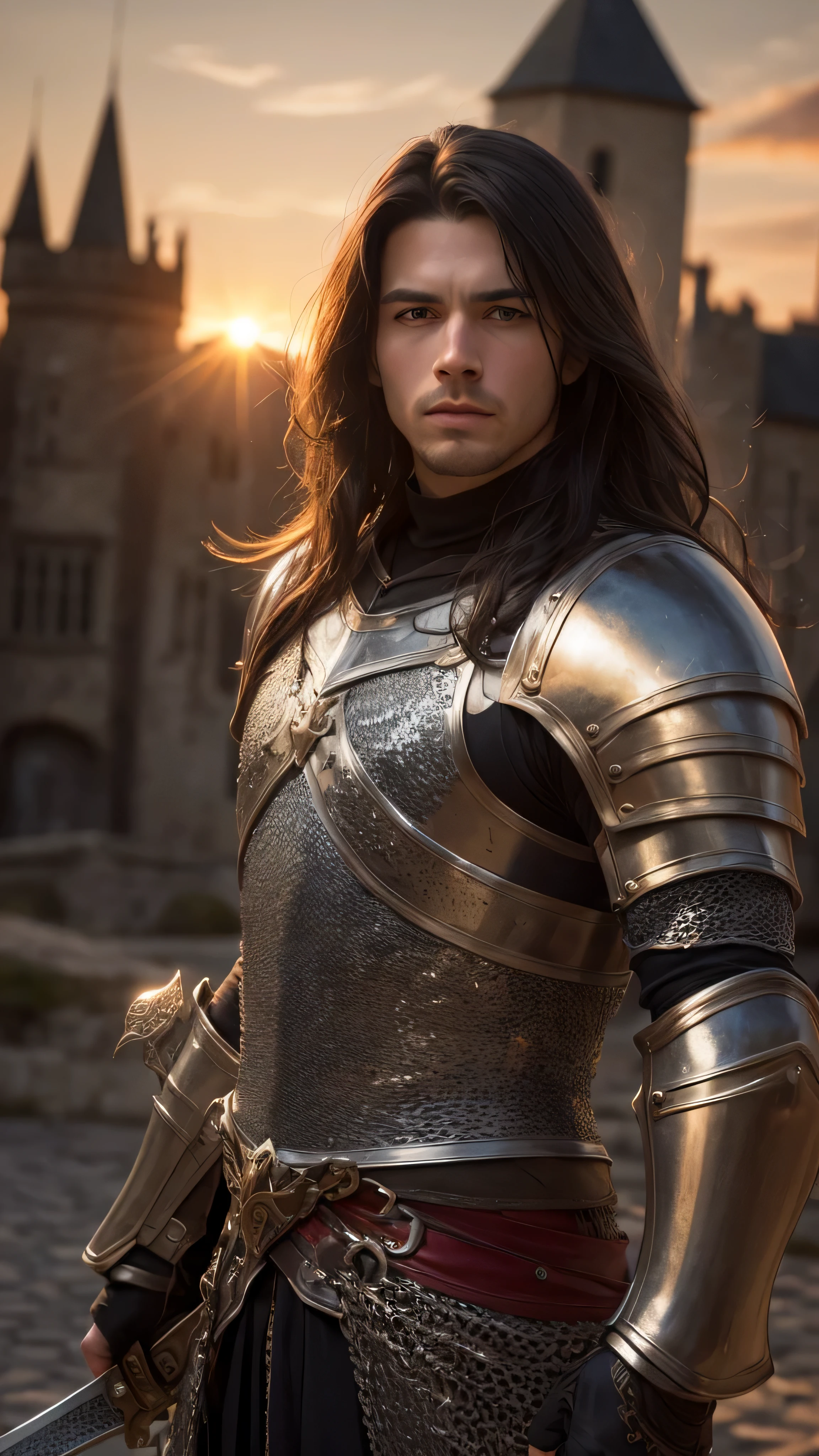 (masterpiece), (extremely intricate:1.3), (best quality:1.5, realistic), portrait of a man, (medieval armor), metal reflections, upper body, outdoors, intense sunlight, far away castle, professional photograph handsome man detailed, (long dark hair, dynamic pose), sharp focus, dramatic, award winning, cinematic lighting, volumetrics dtx, (film grain, blurry background, blurry foreground, bokeh, depth of field, sunset, interaction, golden Perfectchainmail, (wielding longsword))