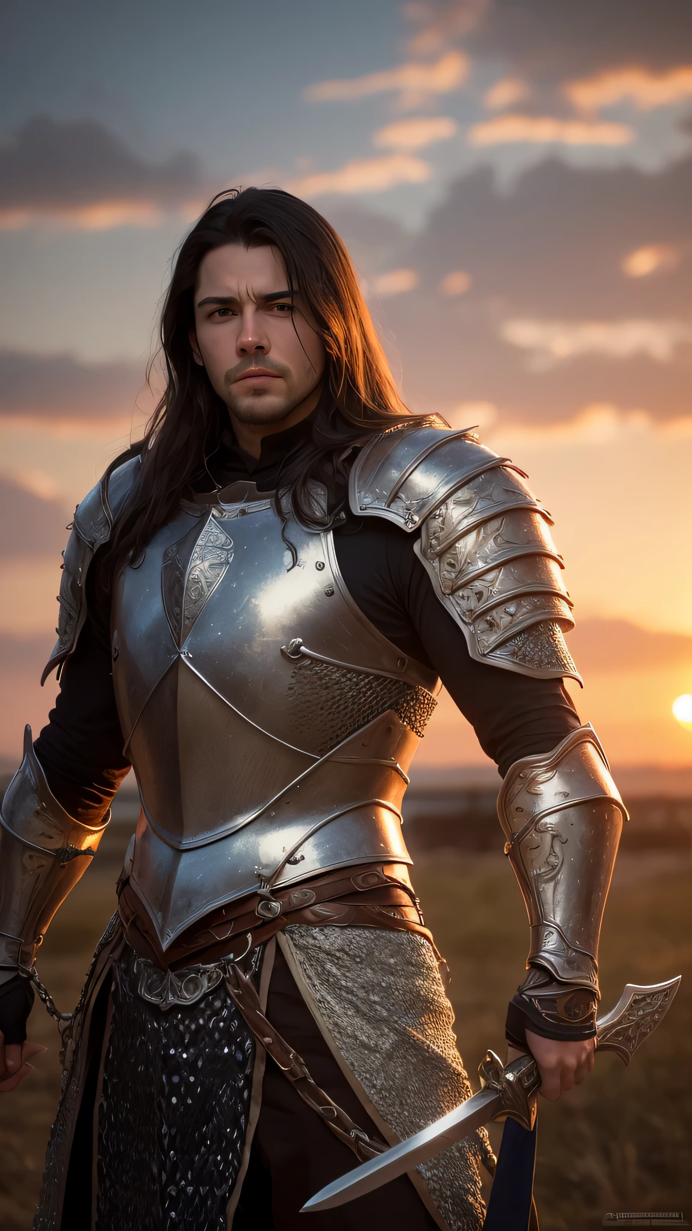 (masterpiece), (extremely intricate:1.3), (best quality:1.5, realistic), portrait of a man, (medieval armor), metal reflections, upper body, outdoors, intense sunlight, far away castle, professional photograph handsome man detailed, (long dark hair, dynamic pose), sharp focus, dramatic, award winning, cinematic lighting, volumetrics dtx, (film grain, blurry background, blurry foreground, bokeh, depth of field, sunset, interaction, golden Perfectchainmail, (wielding longsword))