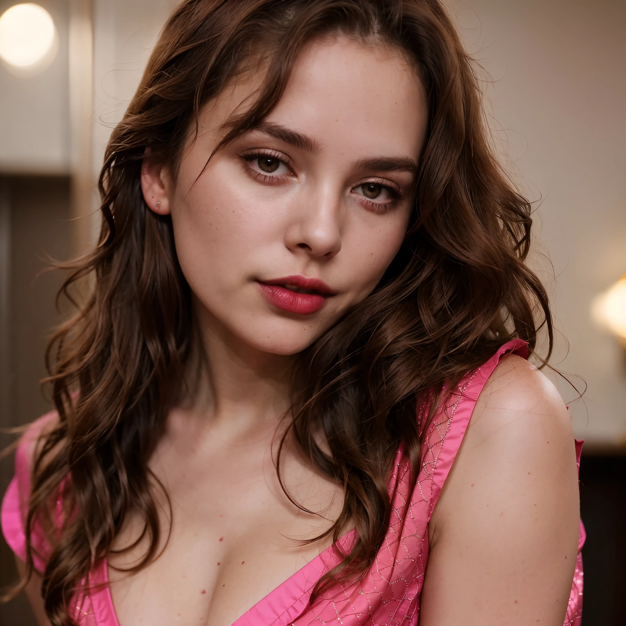 beautiful 25 year old woman seductive look, wavy brown hair red lips, great breasts, sensual fuchsia pink blouse without sleeves, cinematic lighting, close-up, super detail, textured skin, high details, high quality, 16k