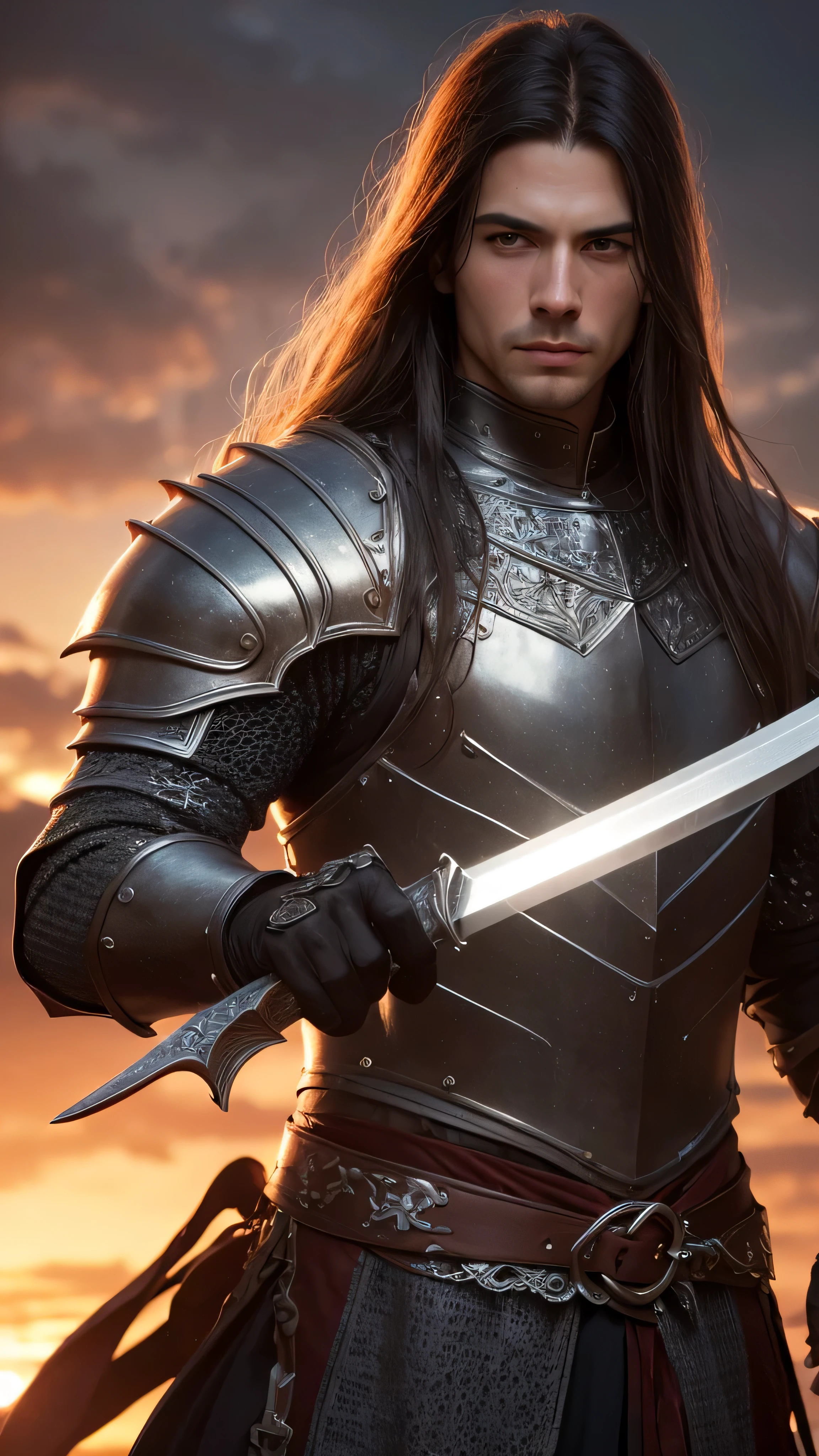 (masterpiece), (extremely intricate:1.3), (best quality:1.5, realistic), portrait of a man, (medieval armor), metal reflections, upper body, outdoors, intense sunlight, far away castle, professional photograph handsome man detailed, (long dark hair, dynamic pose), sharp focus, dramatic, award winning, cinematic lighting, volumetrics dtx, (film grain, blurry background, blurry foreground, bokeh, depth of field, sunset, interaction, black chrome Perfectchainmail, (wielding longsword))