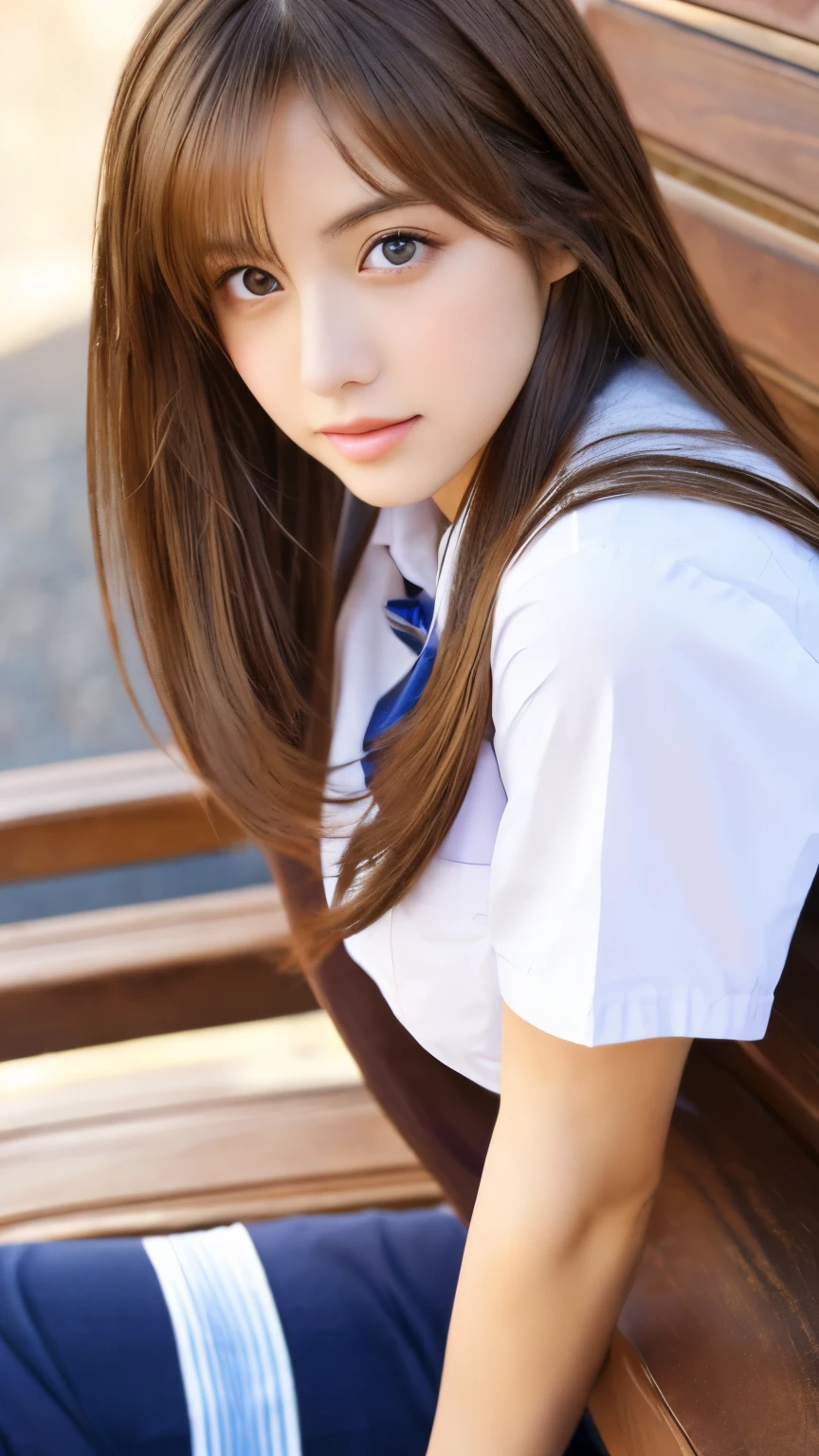 (highest quality, High resolution, university uniform, wallpaper, realistic, bright lighting, professional lighting, face light, smooth lighting, japanese woman, adult, Beautiful woman, action, gravure, sexy, sit on a bench seat, super beautiful, beautiful skin, fine and beautiful eyes, detailed face, slim, thighs,thighs,absolute area medium, long hair, Brunette hair color, brown eyes, looking into the camera)