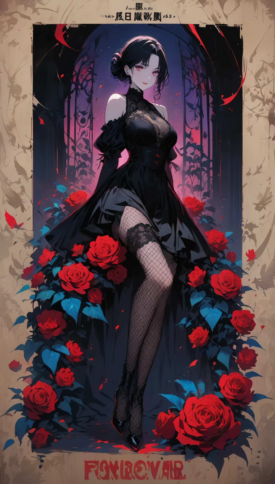 恐怖惊悚movie poster, masterpiece, best quality, 一个穿着Gothic式舞会礼服的女精灵,lace, embroidery , Pale skin, fishnet stockings, (Bauhaus, shape, Wire, Abstract:1.1) Gothic, Vintage horror, movie poster, 1940s, (masterpiece, best quality) 8k wallpaper, Very detailed,
