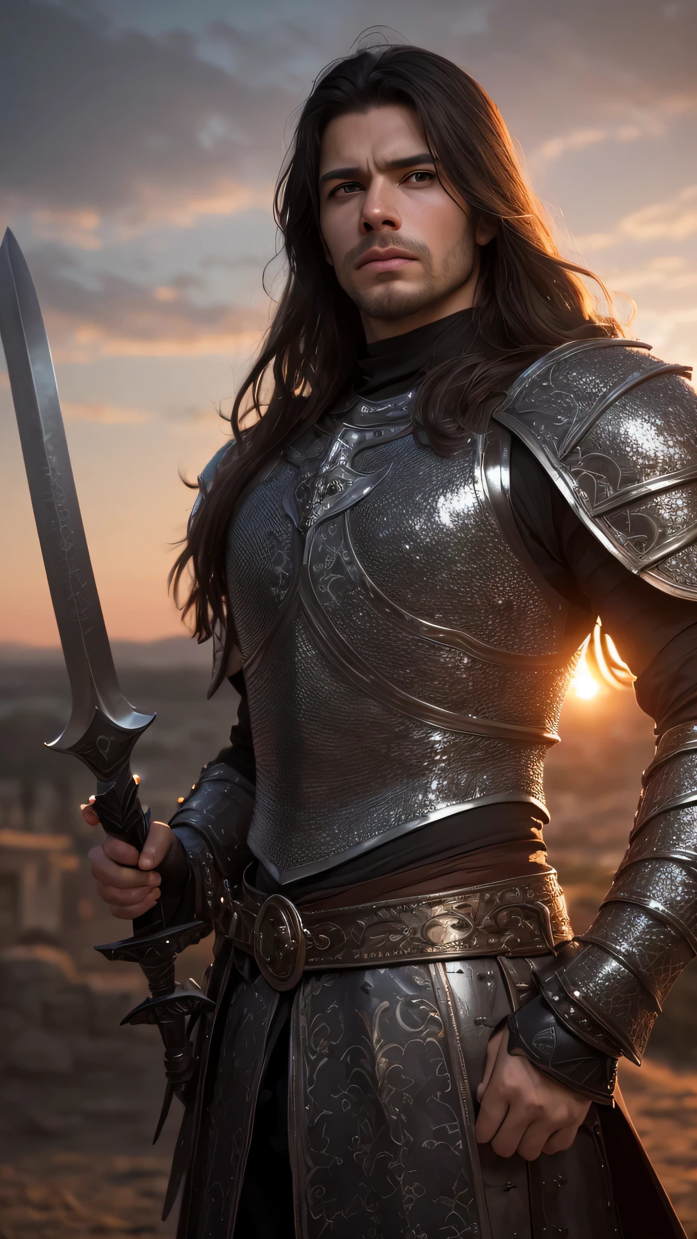 (masterpiece), (extremely intricate:1.3), (best quality:1.5, realistic), portrait of a man, (medieval armor), metal reflections, upper body, outdoors, intense sunlight, far away castle, professional photograph handsome man detailed, (long dark hair, dynamic pose), sharp focus, dramatic, award winning, cinematic lighting, volumetrics dtx, (film grain, blurry background, blurry foreground, bokeh, depth of field, sunset, interaction, black chrome Perfectchainmail, (wielding longsword))
