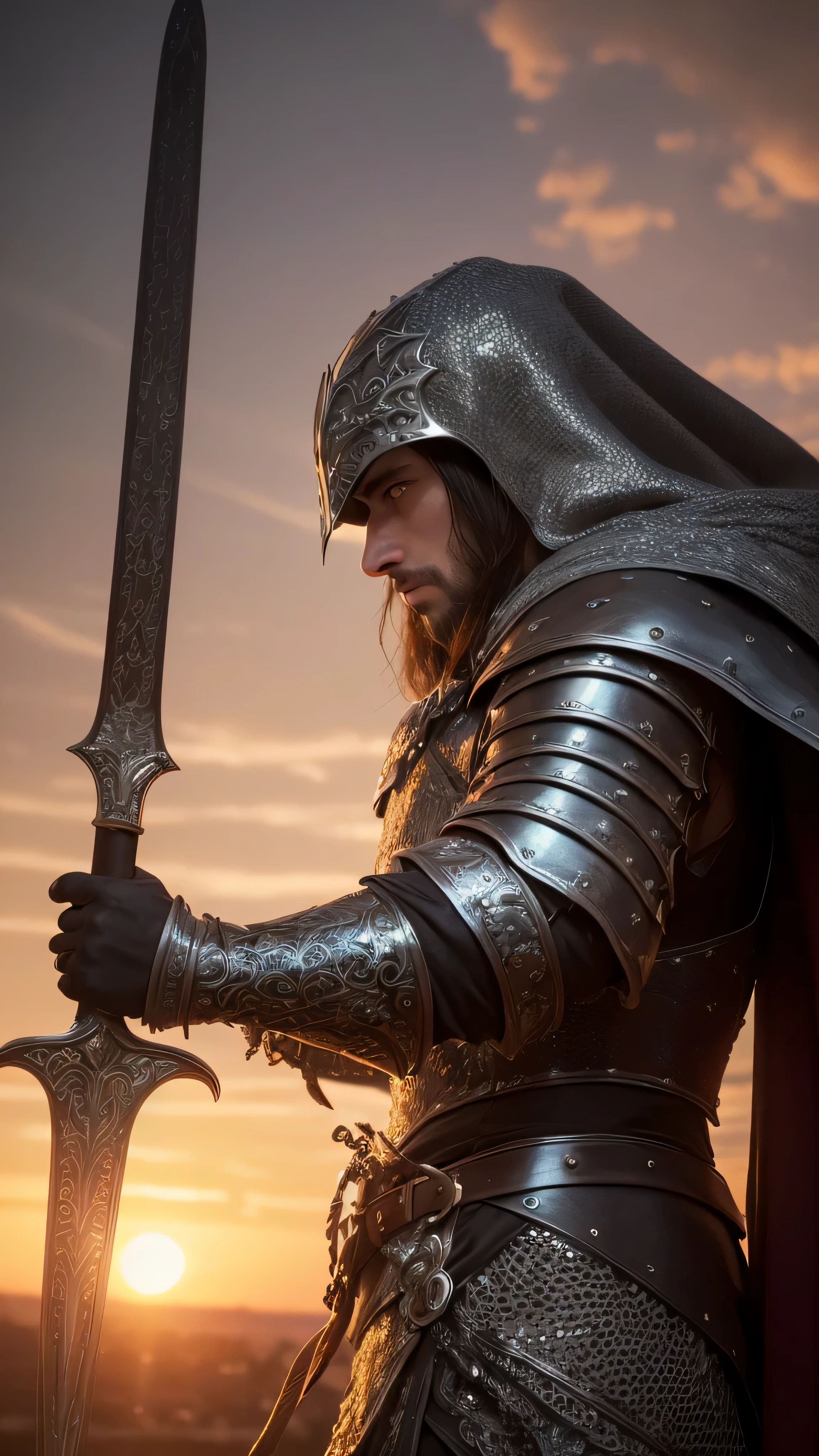(masterpiece), (extremely intricate:1.3), (best quality:1.5, realistic), portrait of a man, (medieval armor), metal reflections, upper body, outdoors, intense sunlight, far away castle, professional photograph handsome man detailed, (long dark hair, dynamic pose), sharp focus, dramatic, award winning, cinematic lighting, volumetrics dtx, (film grain, blurry background, blurry foreground, bokeh, depth of field, sunset, interaction, black chrome Perfectchainmail, (wielding longsword))