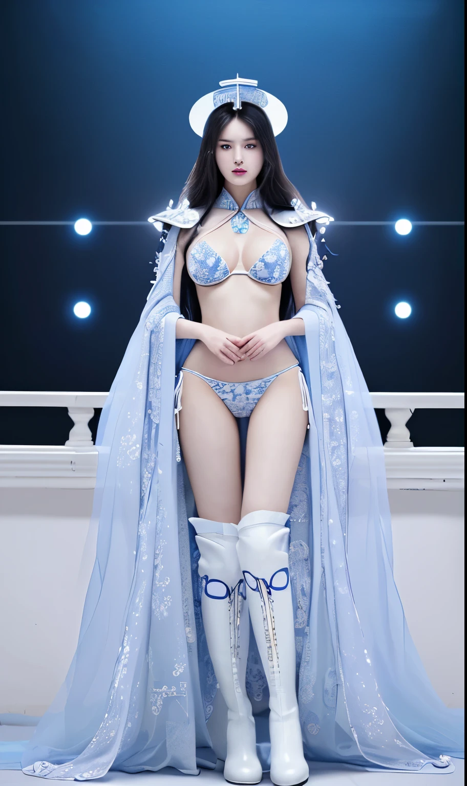 Charming bikini princess, beautiful and delicate woman,The eyes and face are very detailed, exquisite eyes, super detailed, High resolution, The content is very detailed,best quality,EnLightenment,unity,8k wallpaper,masterpiece,best quality,imagine，1 girl，Wear sexy blue and white bikini armor，Metal style, big breasts, high cut underwear, 盔甲有圖案Metal style的, Large blue and white priest&#39;s cloak，priest hat，standing posture，long legs，Put on pink blue and white boots，look at the audience，facing the audience，flowing long hair，Surreal 8000g，Impeccable，masterpiece，professional artwork，famous artwork，Light，movie bloom，perfect face，pretty face，fantasy，Dreamy and magical，not real，intricate details，Exquisite pattern…Korean woman’s face