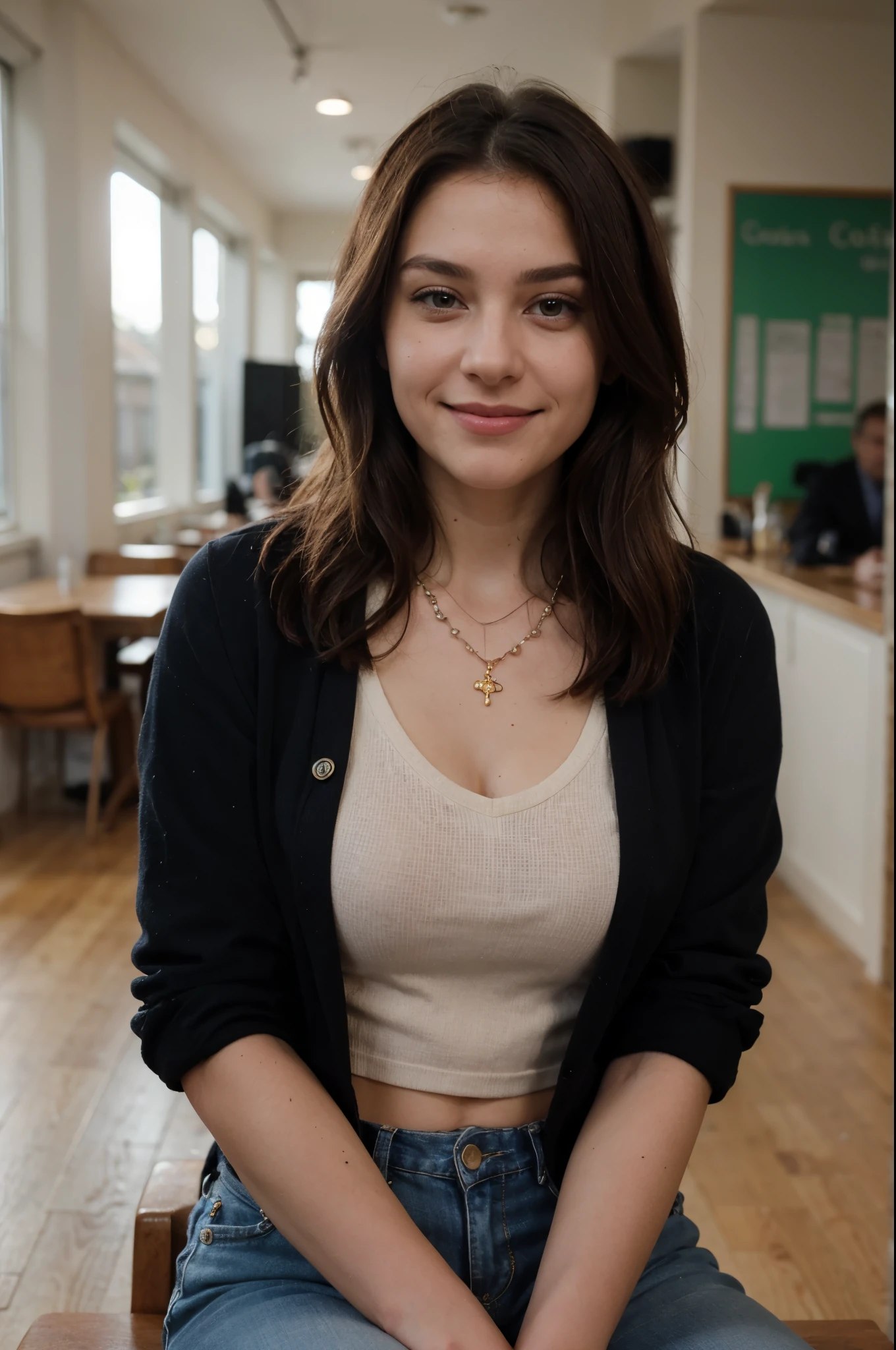 (in 8K, Raw-Photo, best quality, masterpiece:1.2), 1 girls , 20yo, 3/4 body, a beauty, european, Balkans ancestry, slim normal body, wolf cut, (wavy hair), long brown hair, bob cuts hair,(Cute smile), looking at viewer, blazers, tucked in shirts, ripped skinny jeans, office outfit, professional look, (beads necklace:1.2), ((The highest quality, 16 k, masterpiece: 1.3)), Biologically Correct Human, reference, detailed faces, detailed lips, detailed eyes, glittering eyes, realistic pupils, brown pupils, outdoor, siting, elegance, at the coffee shop, light on the face, golden hours, ambience light, backlight, summer, people in the background watching, cinematic look, deep depths of field, blurry background