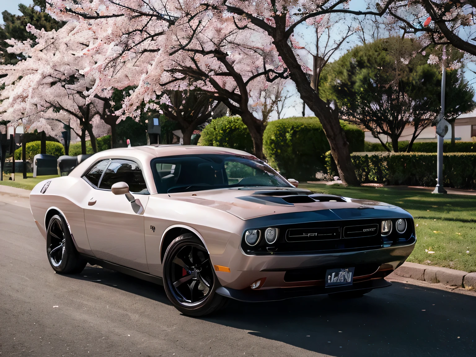 dodge challenger con un fondo de un arbol de sakura