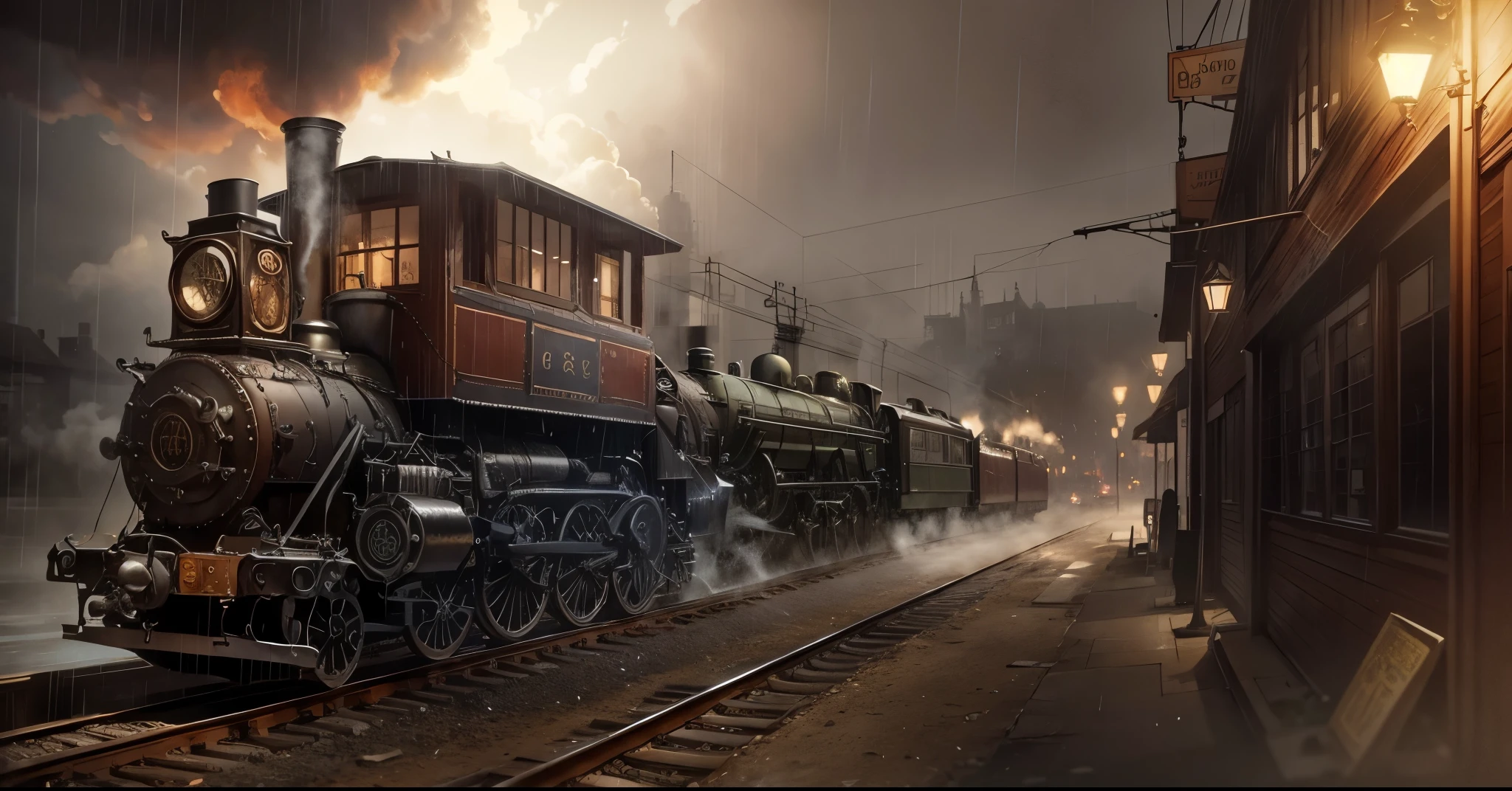 A steampunk train in 1908 the weather is raining in the little station streets and old steampunk buildings around with the eiffel Tower in the background