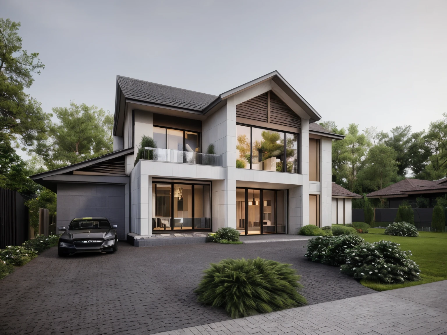 MODERN HOUSE, 3DMAX RENDER CORONA, GREEN TREES AROUND, WARM COLORS