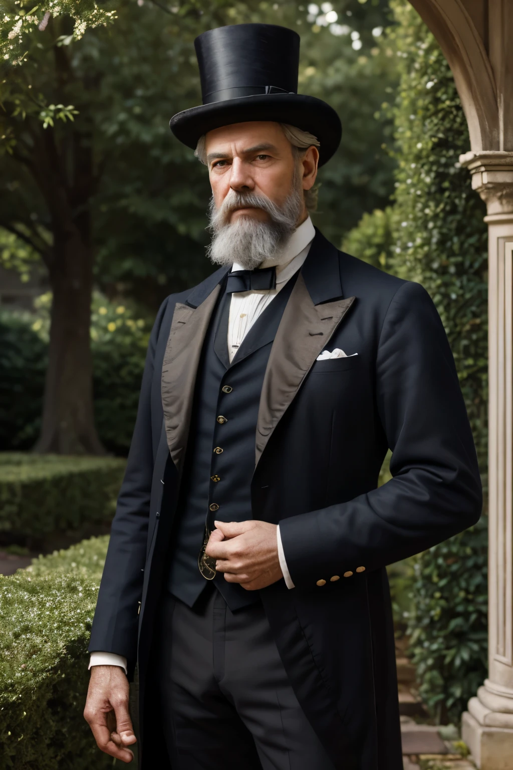 best quality,highres,ultra-detailed,realistic,photorealistic:1.37,(portrait,figure painting),(oil painting),(aged,antique) father from the 1800s,gentleman with a beard,wearing a top hat,holding a pocket watch,standing tall in a formal suit,in a dignified pose and with a confident gaze,against a backdrop of a Victorian-style home and a lush garden,with soft, warm lighting casting gentle shadows,exuding a sense of wisdom and refinement in the atmosphere,vivid colors and rich textures highlighting the intricate details of his facial features and clothing,creating a timeless and nostalgic ambiance.