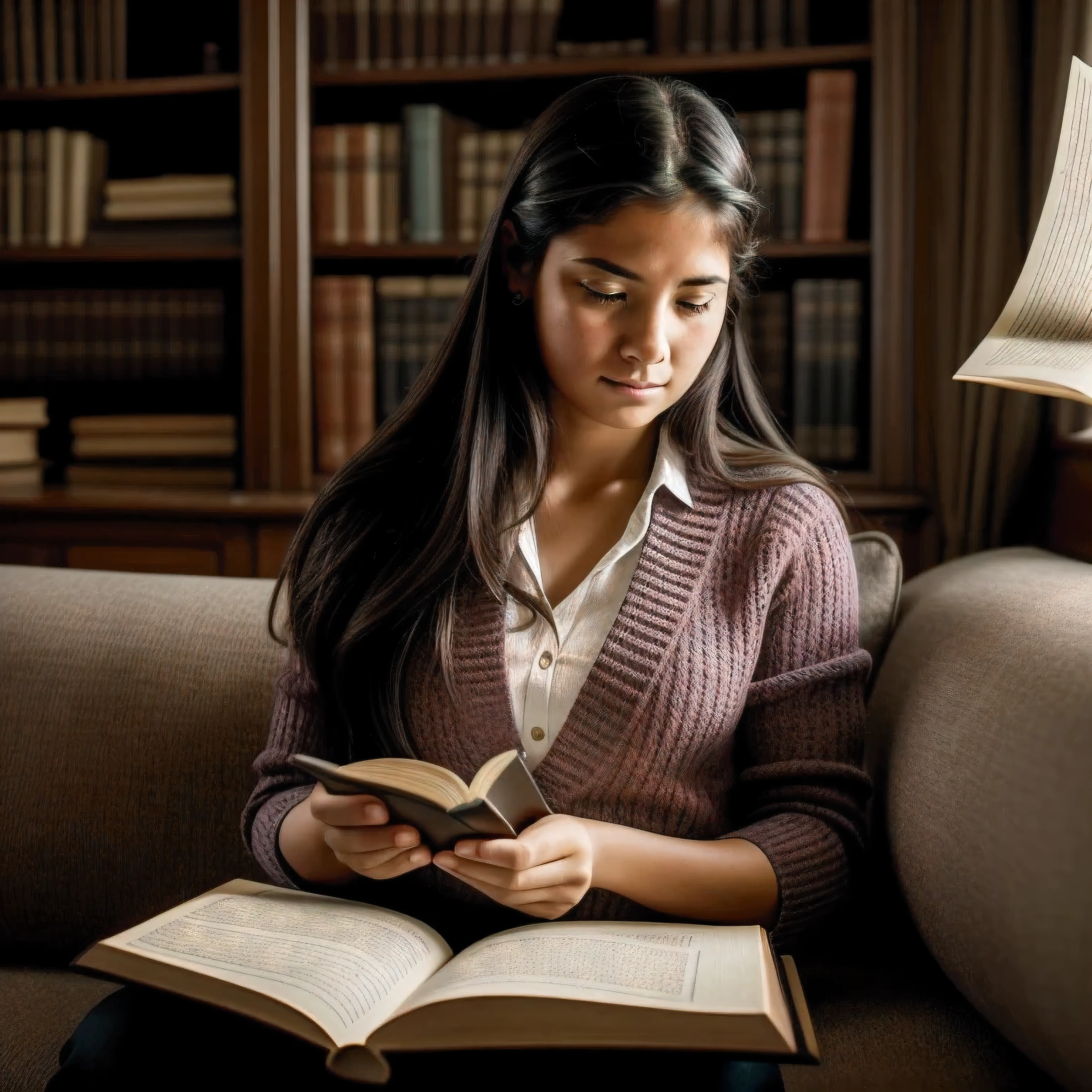 arafed woman sitting on a couch reading a book, reading a book, reading new book, portrait shot, reading, studious, studying, reading in library, village girl reading a book, beautiful surroundings, book portrait, student, studious chiaroscuro, mid shot portrait, dramatic reading book pose, by Alexander Bogen, trying to read, portrait photo