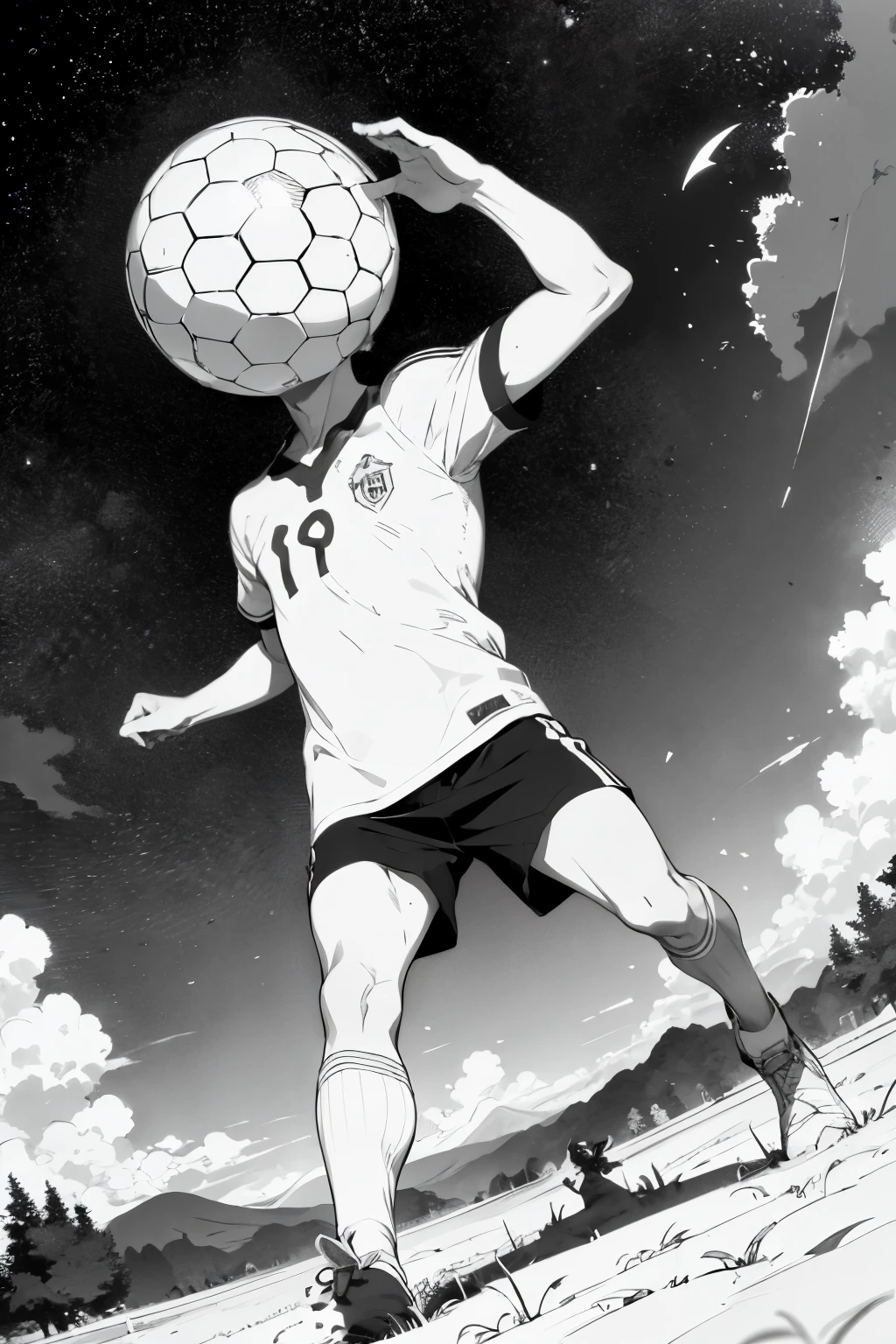 Crie uma imagem para mim de um garoto chutando uma bola de futebol, an image with as few details as possible and in black and white, as it will be a coloring picture.