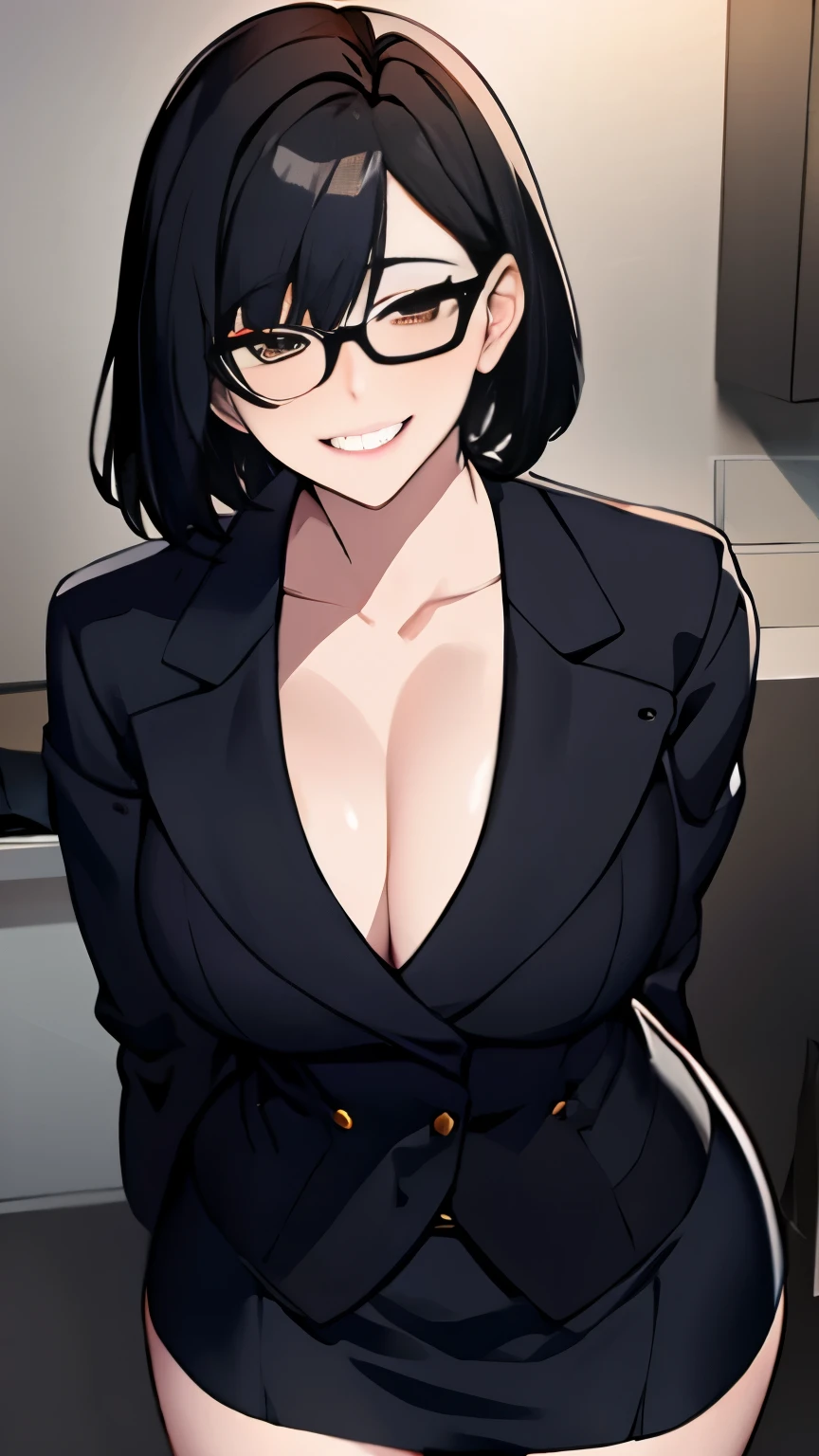 masterpiece, best quality,1girl,  black hair, short hair, brown eyes, glasses, miniskirt, open jacket, blazer, smile, indoors, office,